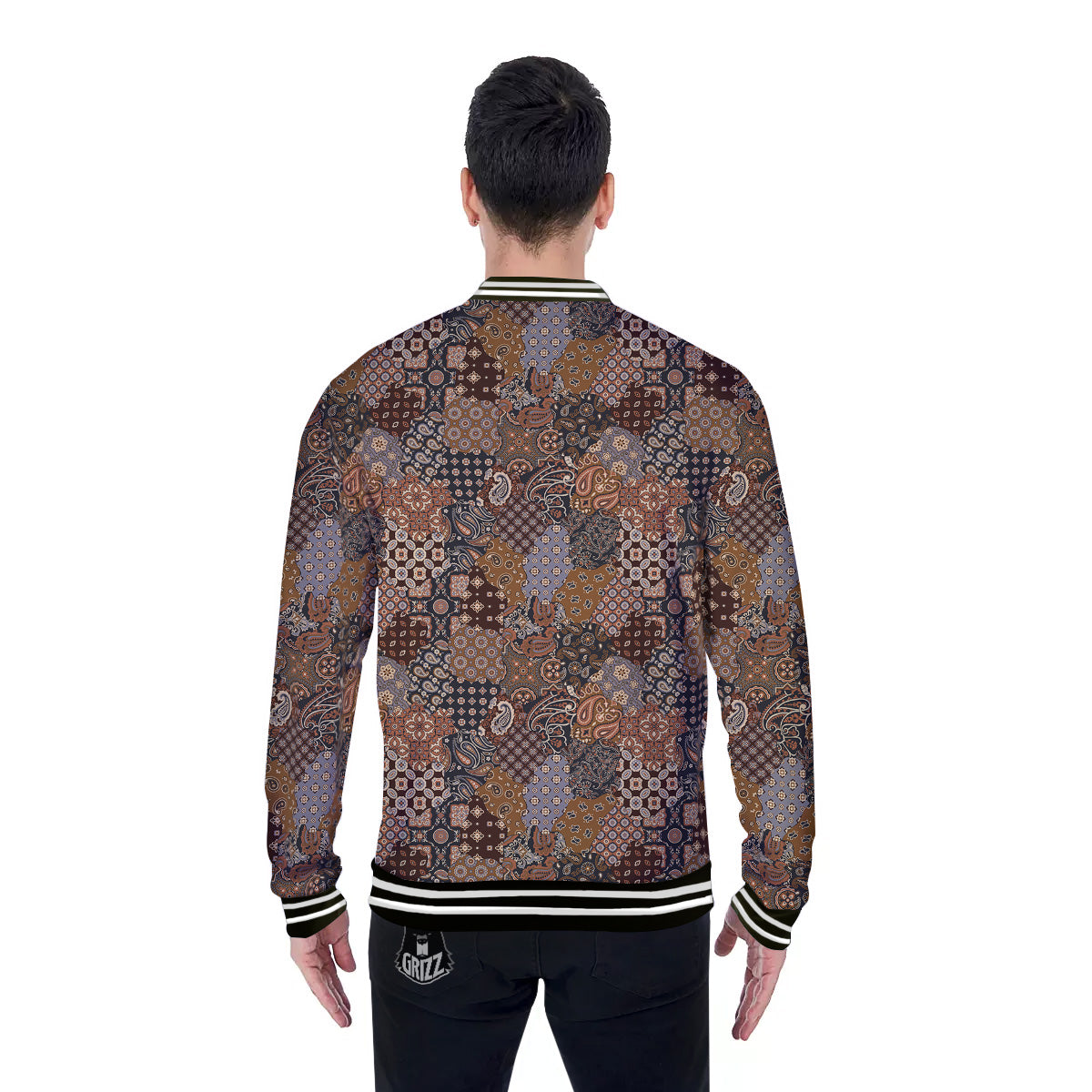 Brown Patchwork Paisley Print Pattern Baseball Jacket-grizzshop
