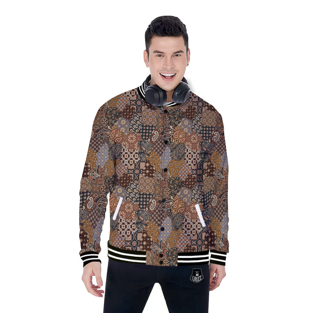 Brown Patchwork Paisley Print Pattern Baseball Jacket-grizzshop