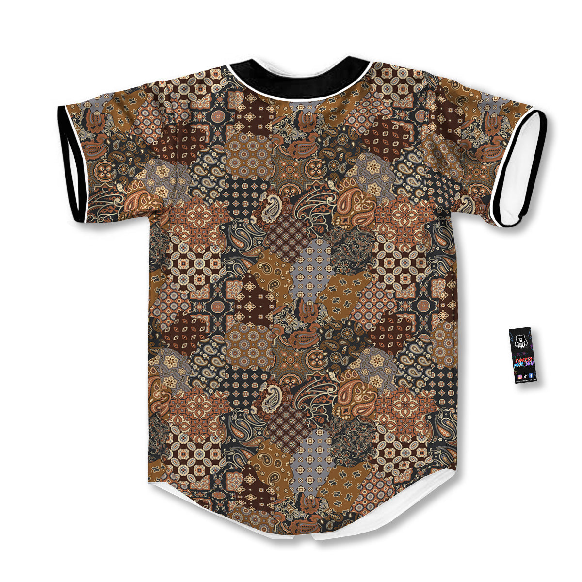 Brown Patchwork Paisley Print Pattern Baseball Jersey-grizzshop