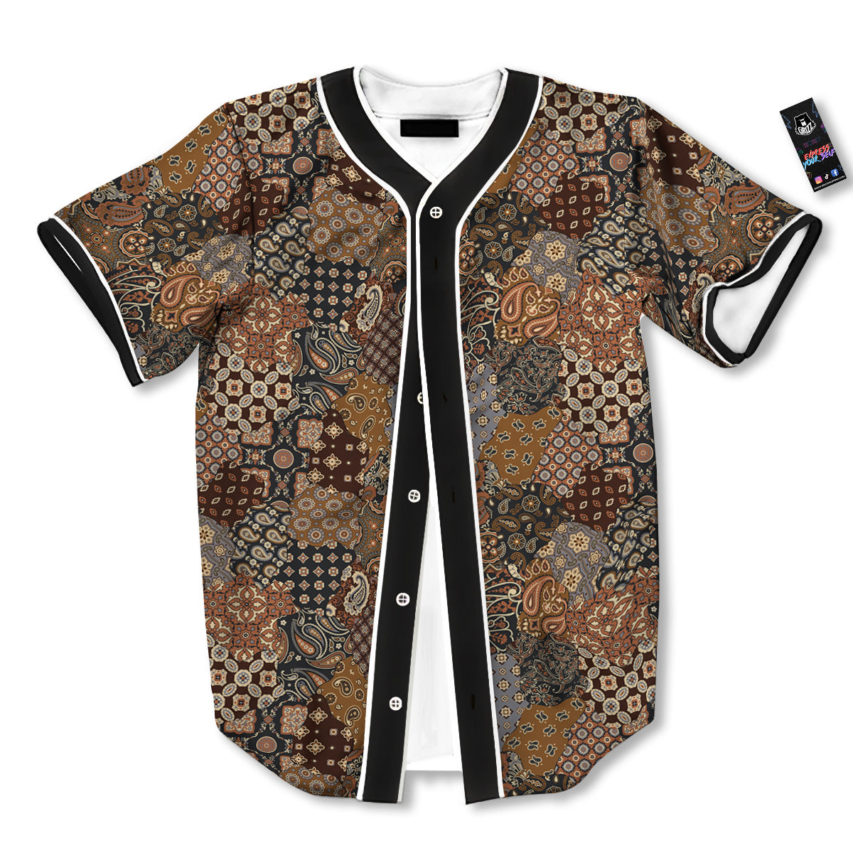 Brown Patchwork Paisley Print Pattern Baseball Jersey-grizzshop