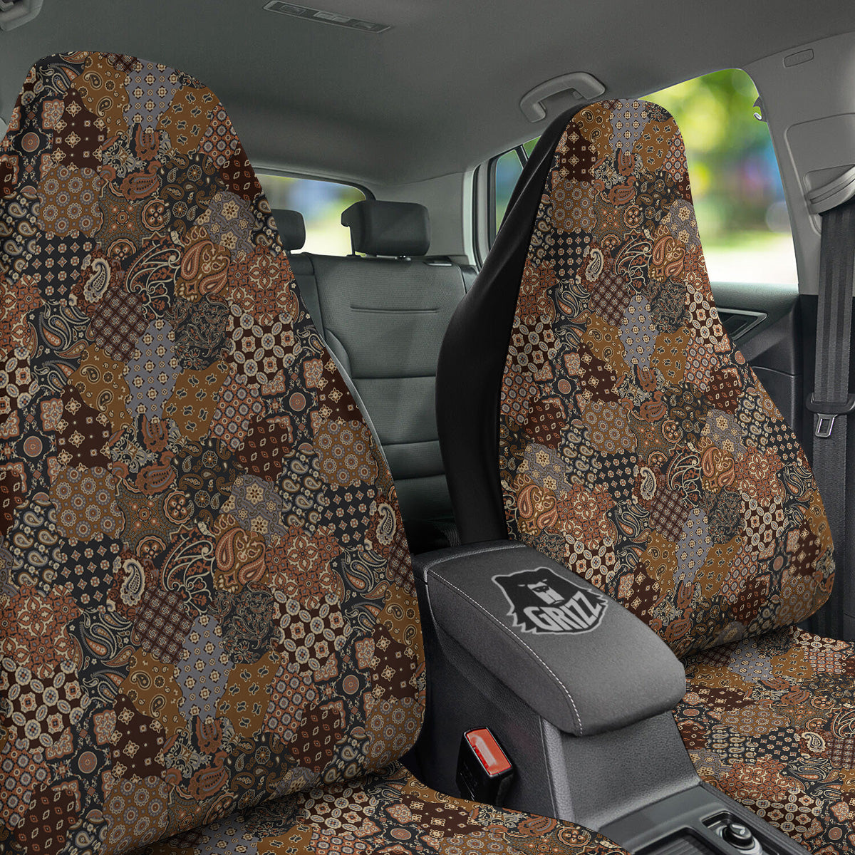 Brown Patchwork Paisley Print Pattern Car Seat Covers-grizzshop