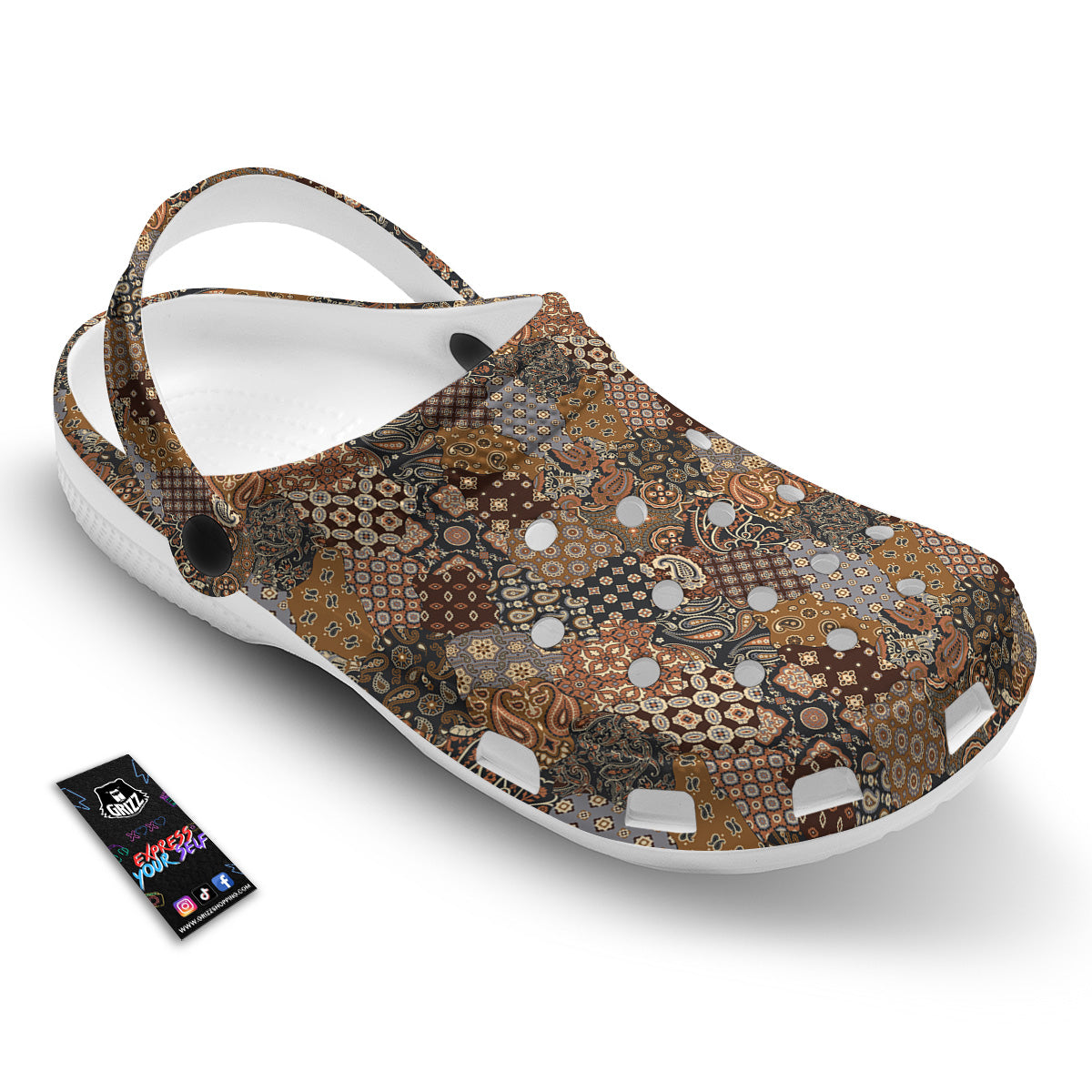 Brown Patchwork Paisley Print Pattern Clog-grizzshop
