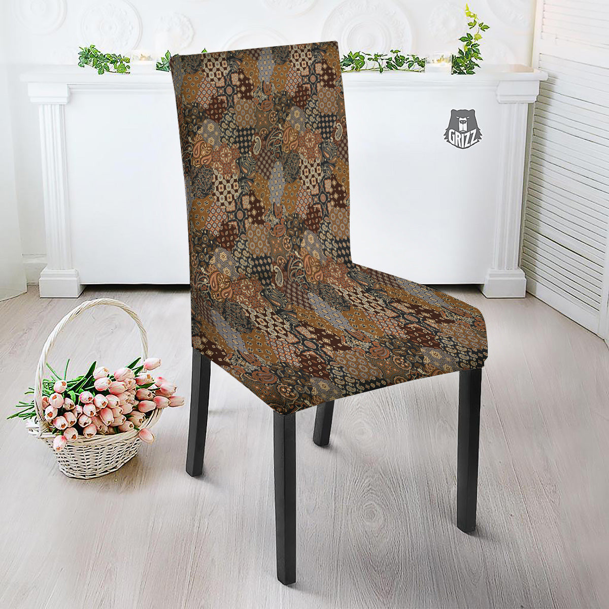 Brown Patchwork Paisley Print Pattern Dining Chair Slipcover-grizzshop