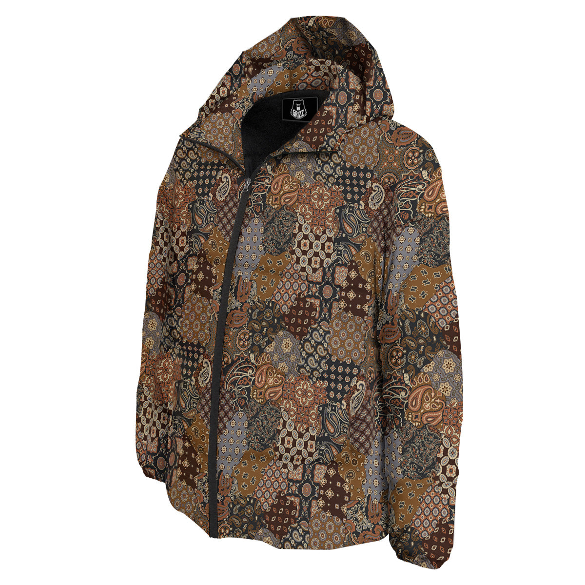 Brown Patchwork Paisley Print Pattern Down Jacket-grizzshop