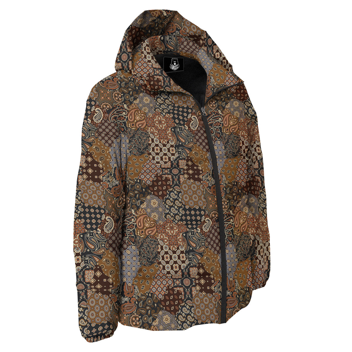 Brown Patchwork Paisley Print Pattern Down Jacket-grizzshop