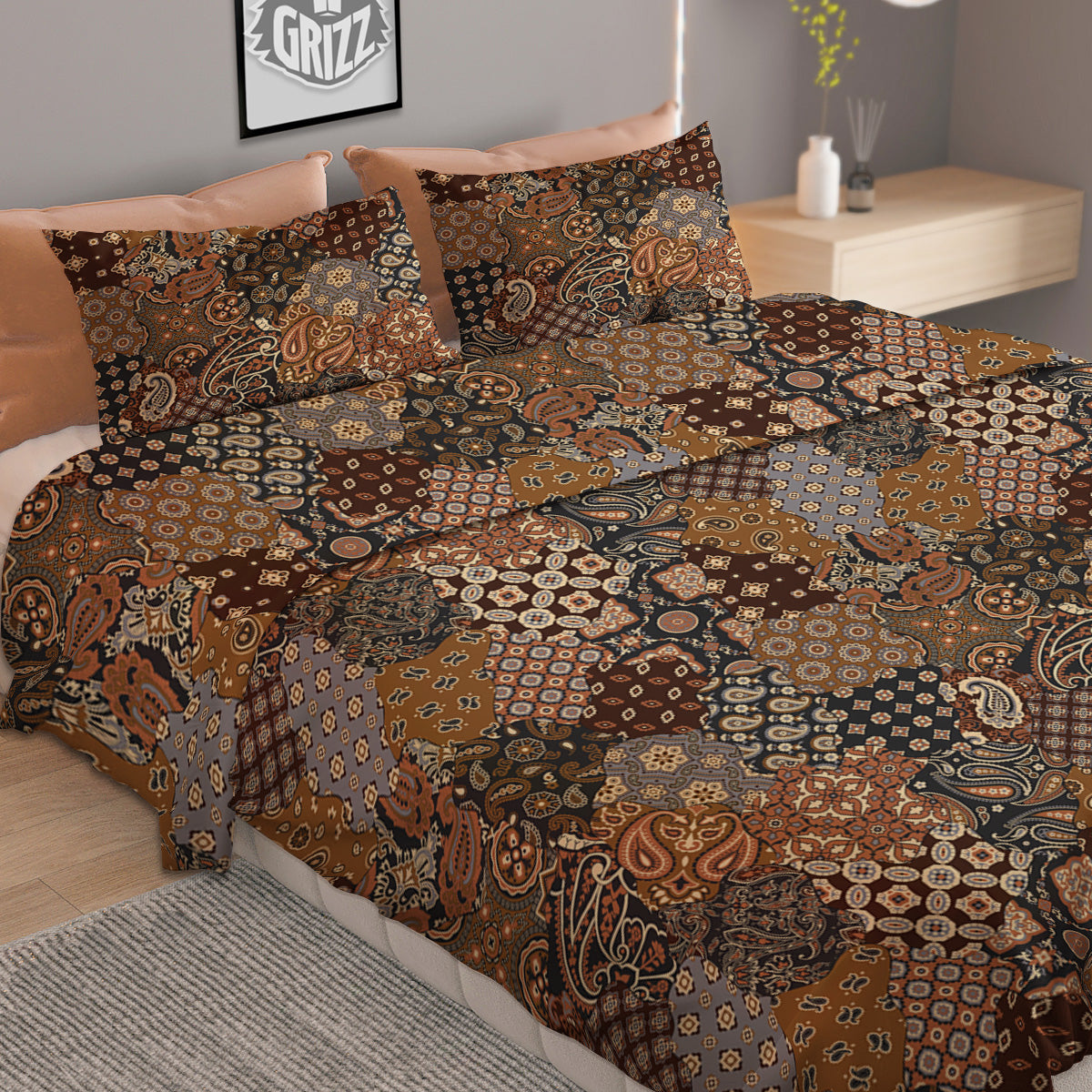 Brown Patchwork Paisley Print Pattern Duvet Cover Bedding Set