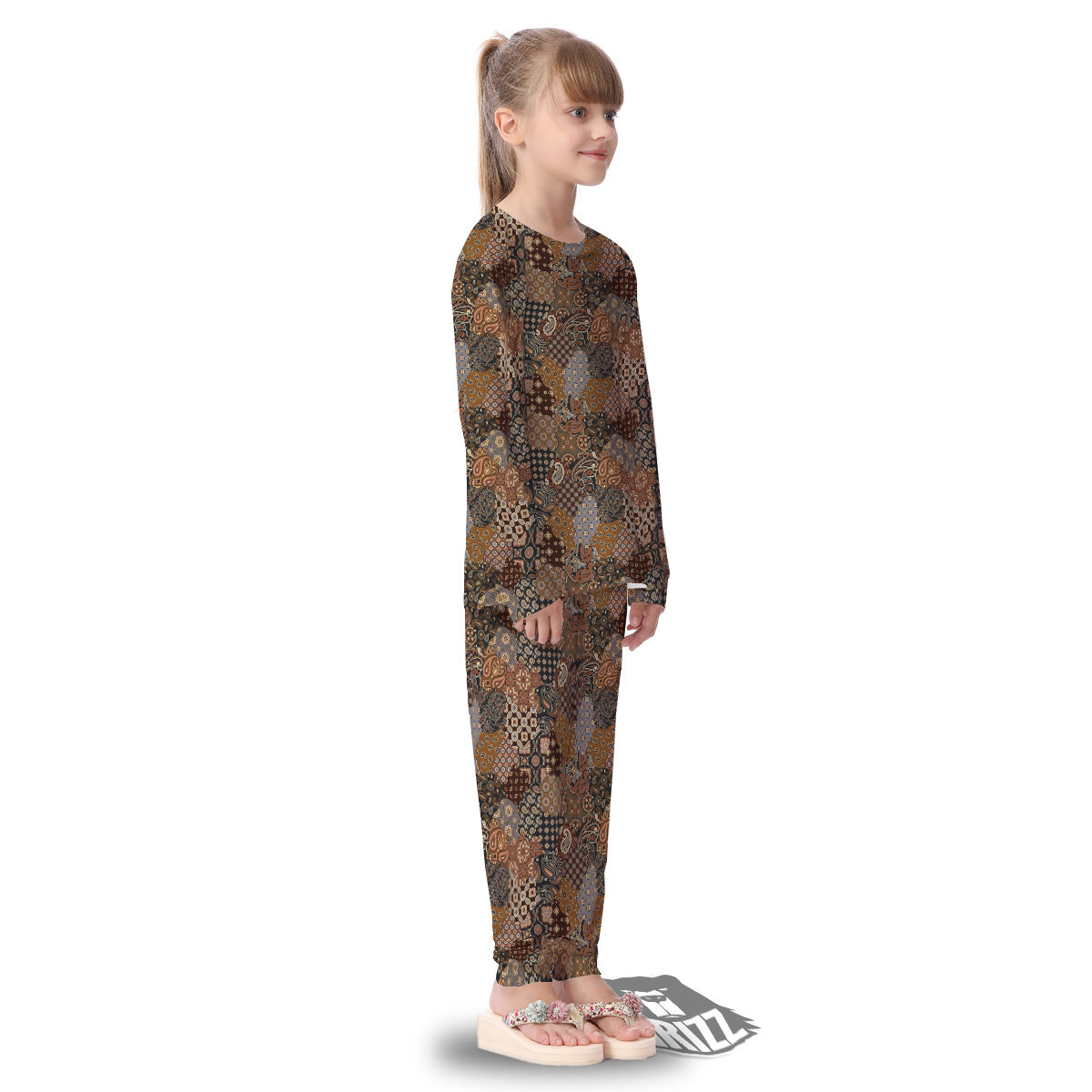 Brown Patchwork Paisley Print Pattern Kid's Pajamas-grizzshop