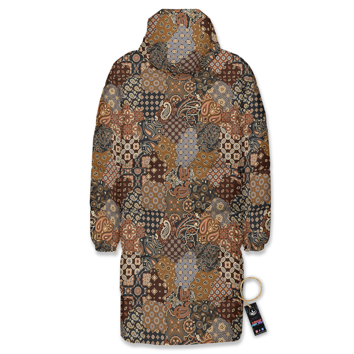 Brown Patchwork Paisley Print Pattern Long Down Jacket-grizzshop
