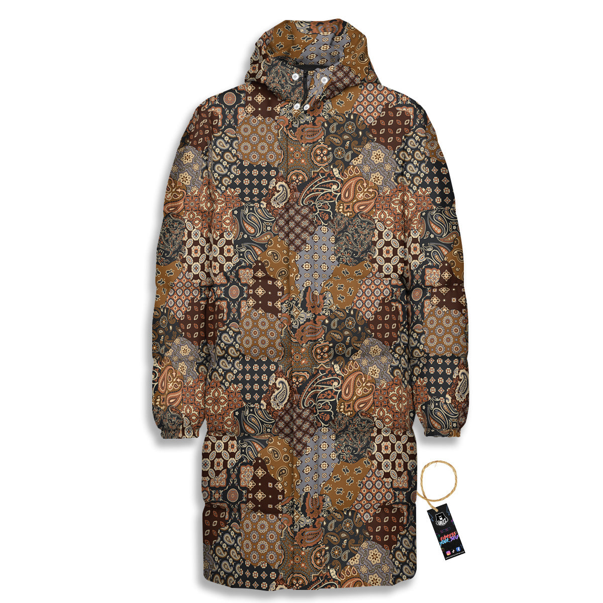 Brown Patchwork Paisley Print Pattern Long Down Jacket-grizzshop