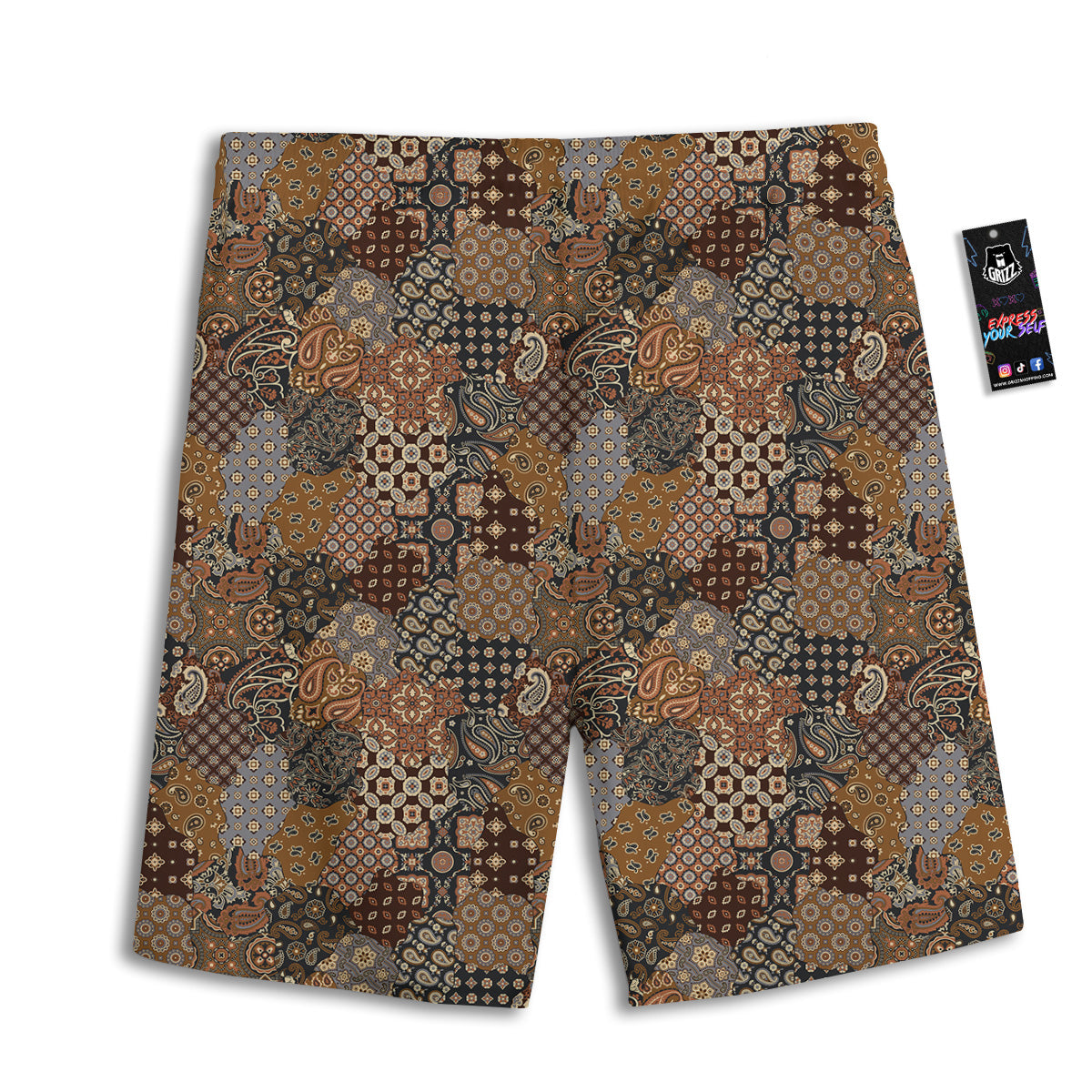 Brown Patchwork Paisley Print Pattern Men's Athletic Shorts