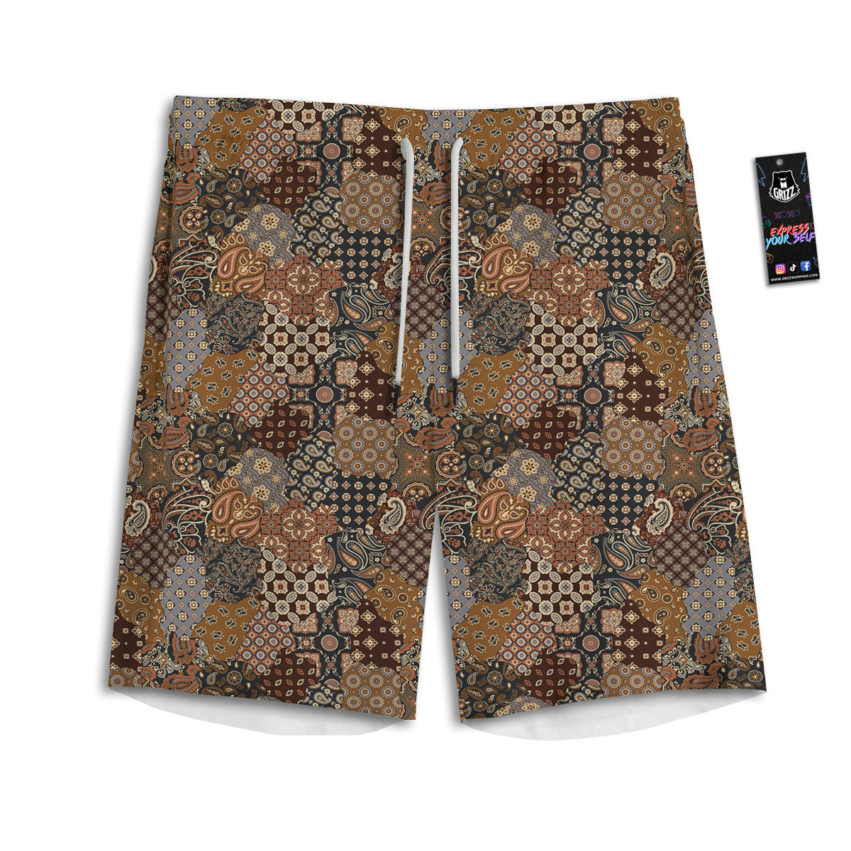 Brown Patchwork Paisley Print Pattern Men's Athletic Shorts