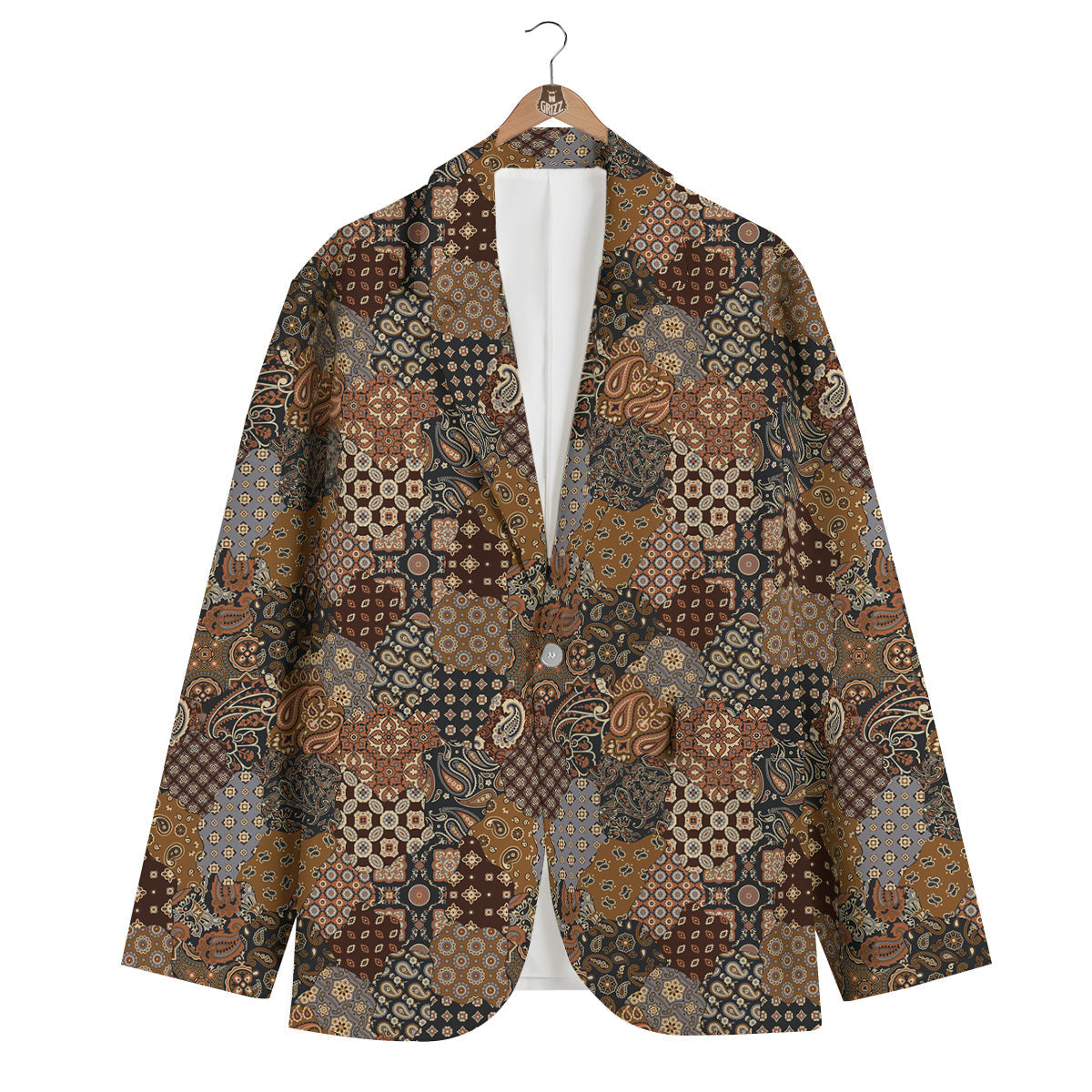 Brown Patchwork Paisley Print Pattern Men's Blazer-grizzshop