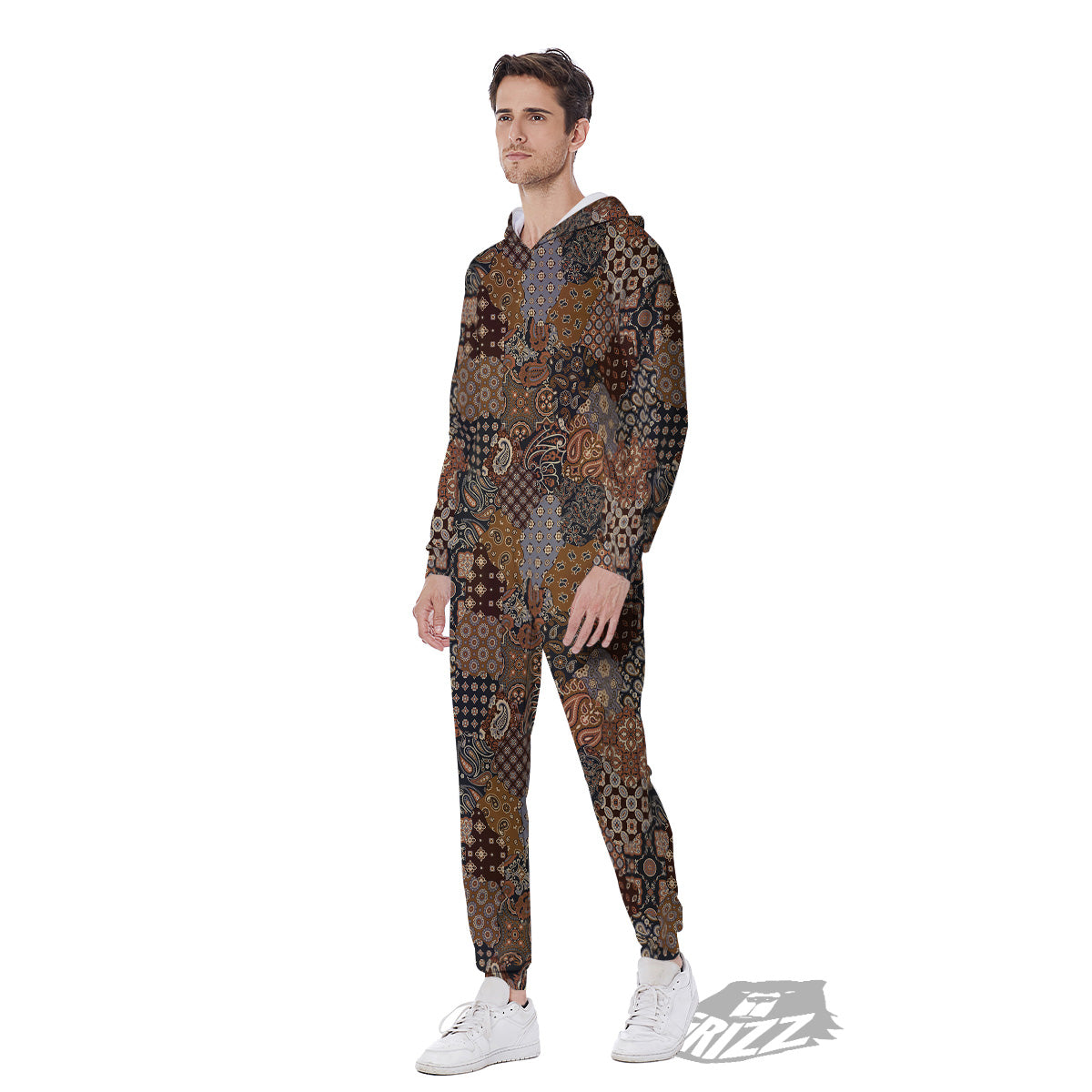 Brown Patchwork Paisley Print Pattern Men's Jumpsuit-grizzshop