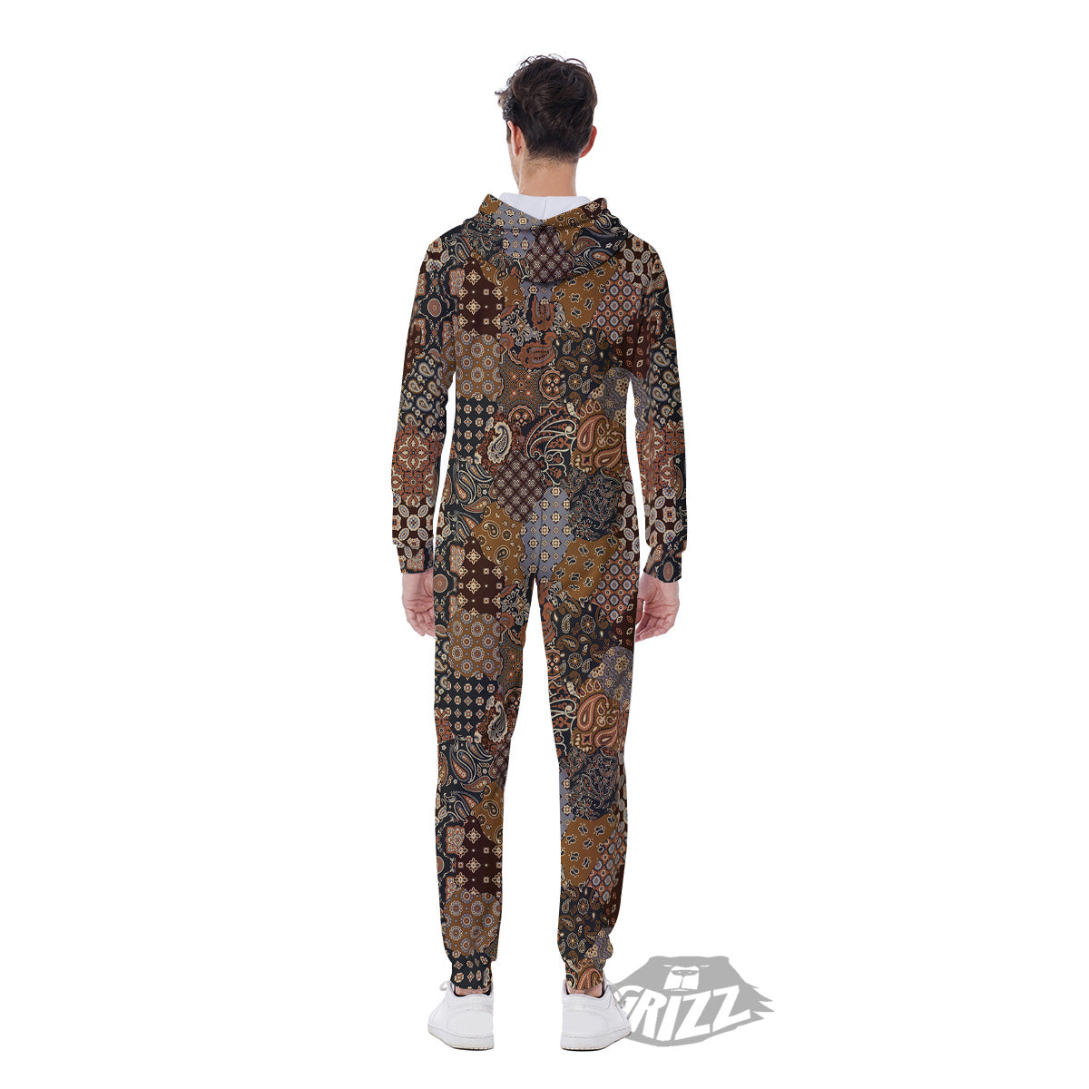 Brown Patchwork Paisley Print Pattern Men's Jumpsuit-grizzshop