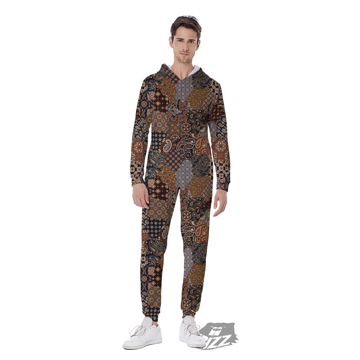 Brown Patchwork Paisley Print Pattern Men's Jumpsuit-grizzshop