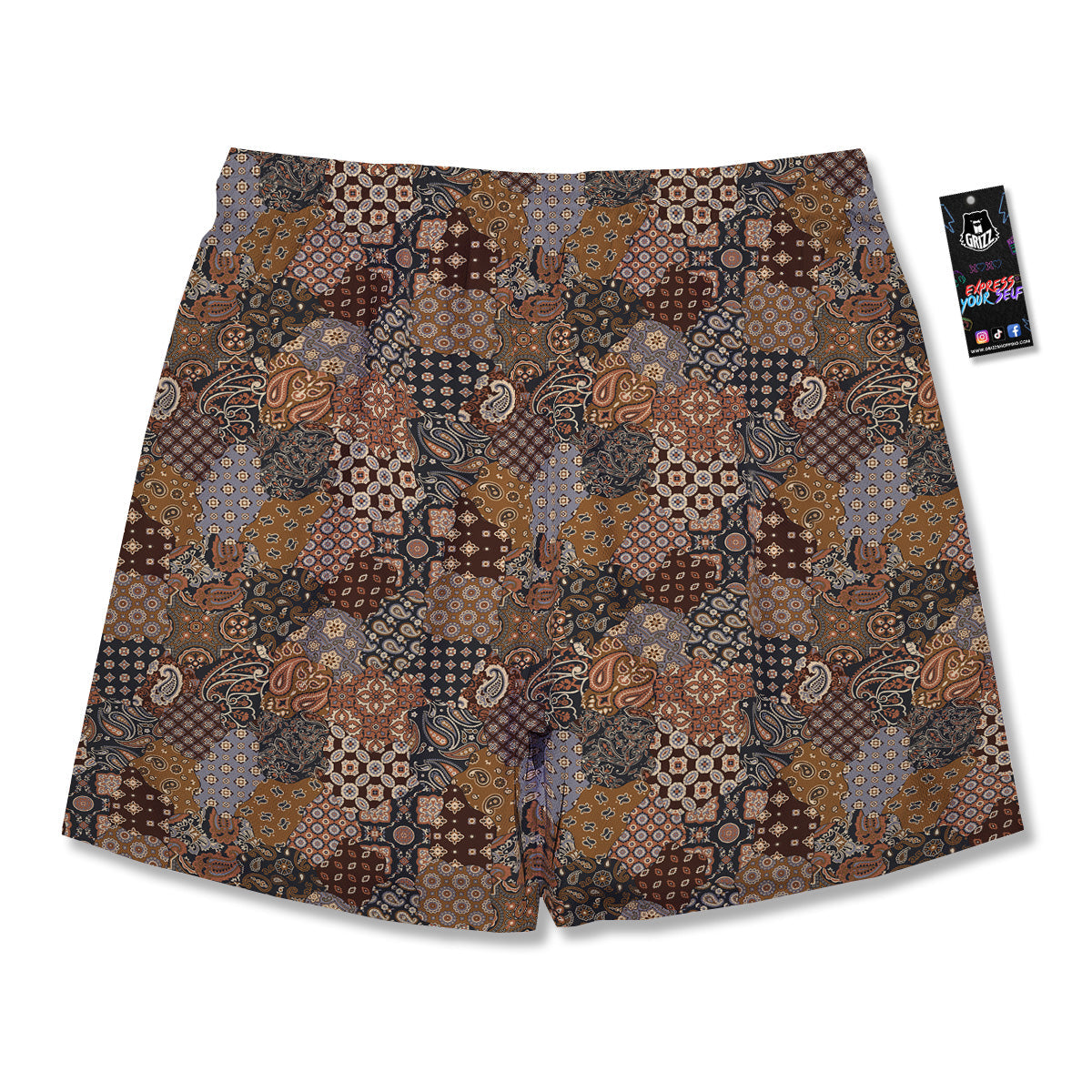 Brown Patchwork Paisley Print Pattern Men's Running Shorts-grizzshop
