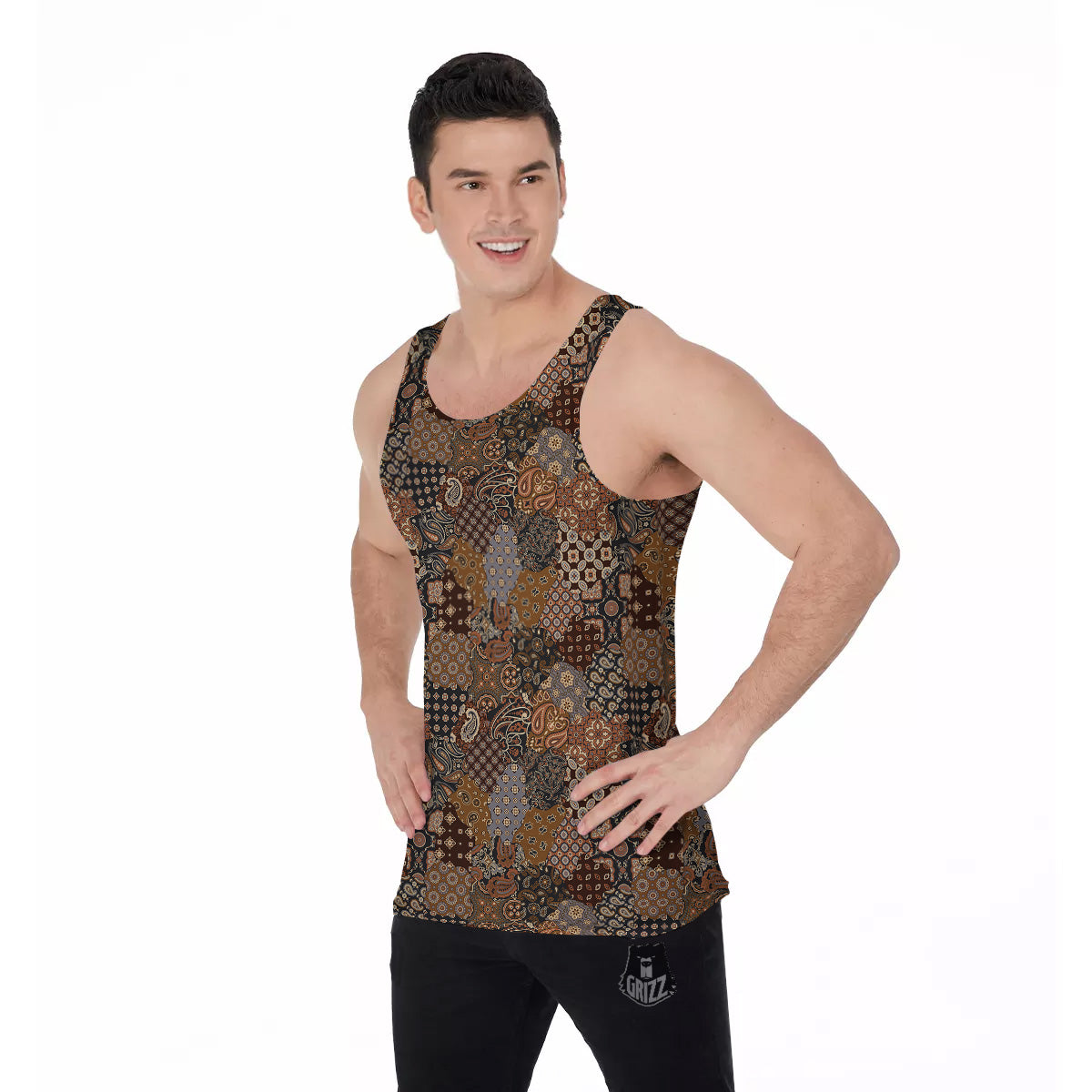 Brown Patchwork Paisley Print Pattern Men's Tank Top-grizzshop