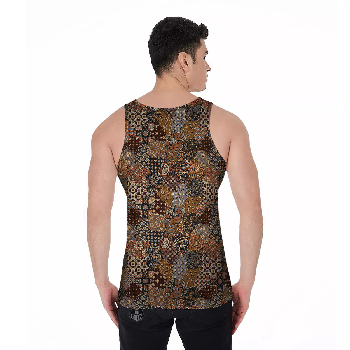 Brown Patchwork Paisley Print Pattern Men's Tank Top-grizzshop