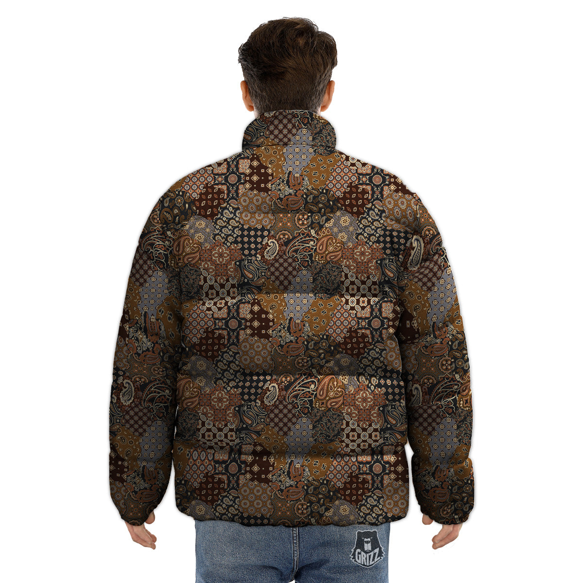 Brown Patchwork Paisley Print Pattern Puffer Jacket-grizzshop