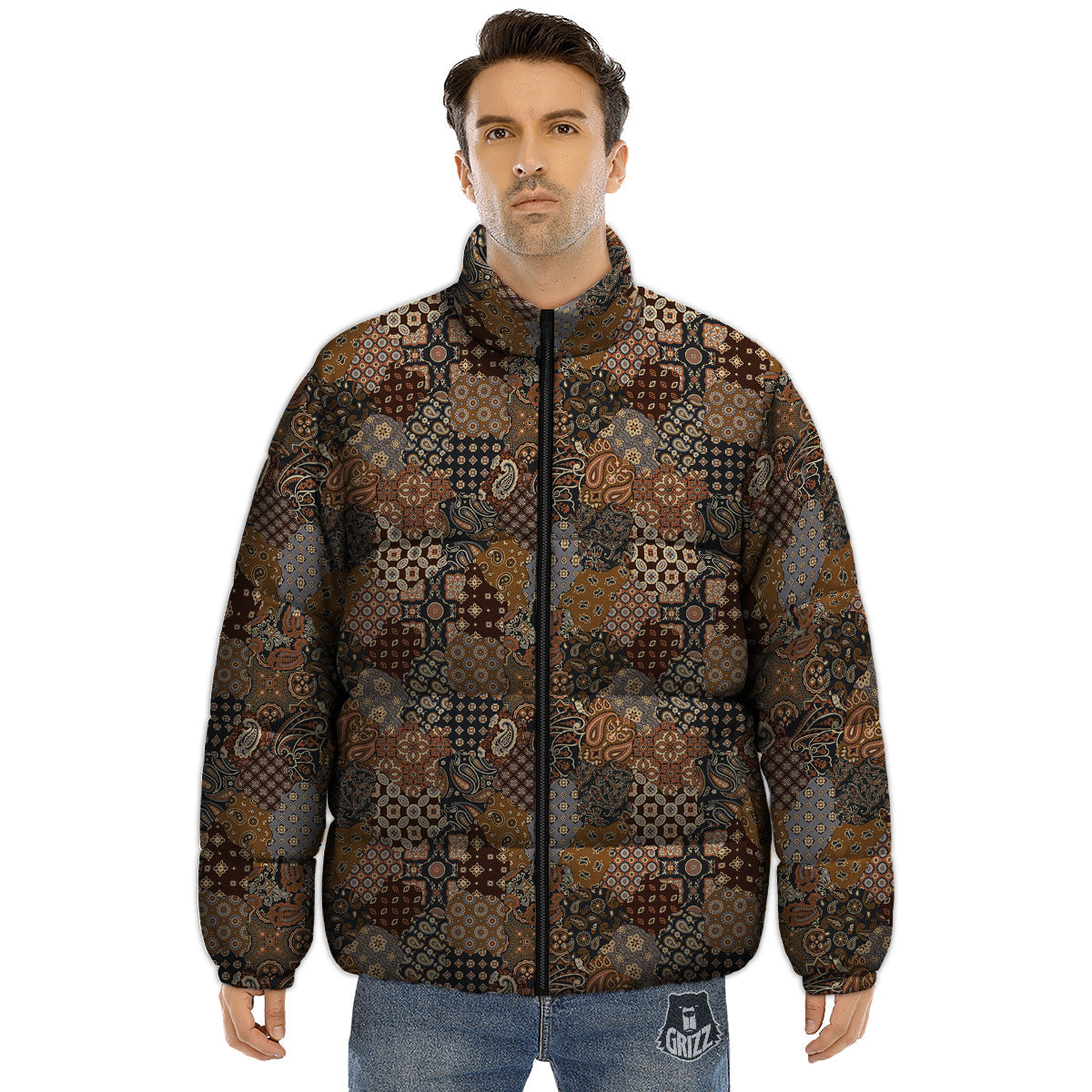 Brown Patchwork Paisley Print Pattern Puffer Jacket-grizzshop