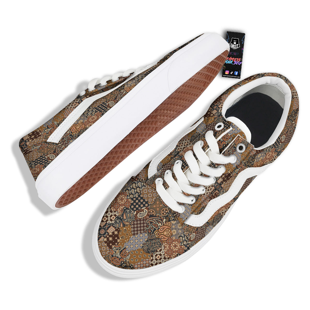 Brown Patchwork Paisley Print Pattern Skate Shoes-grizzshop