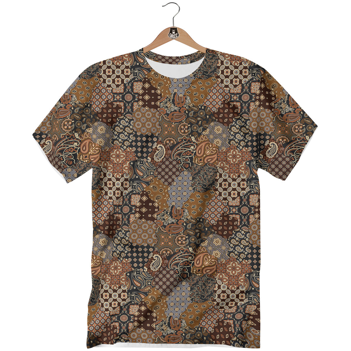 Brown Patchwork Paisley Print Pattern T-Shirt-grizzshop