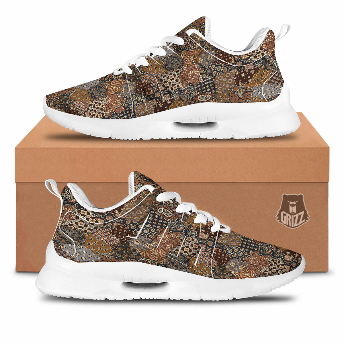 Brown Patchwork Paisley Print Pattern Tennis Shoes-grizzshop