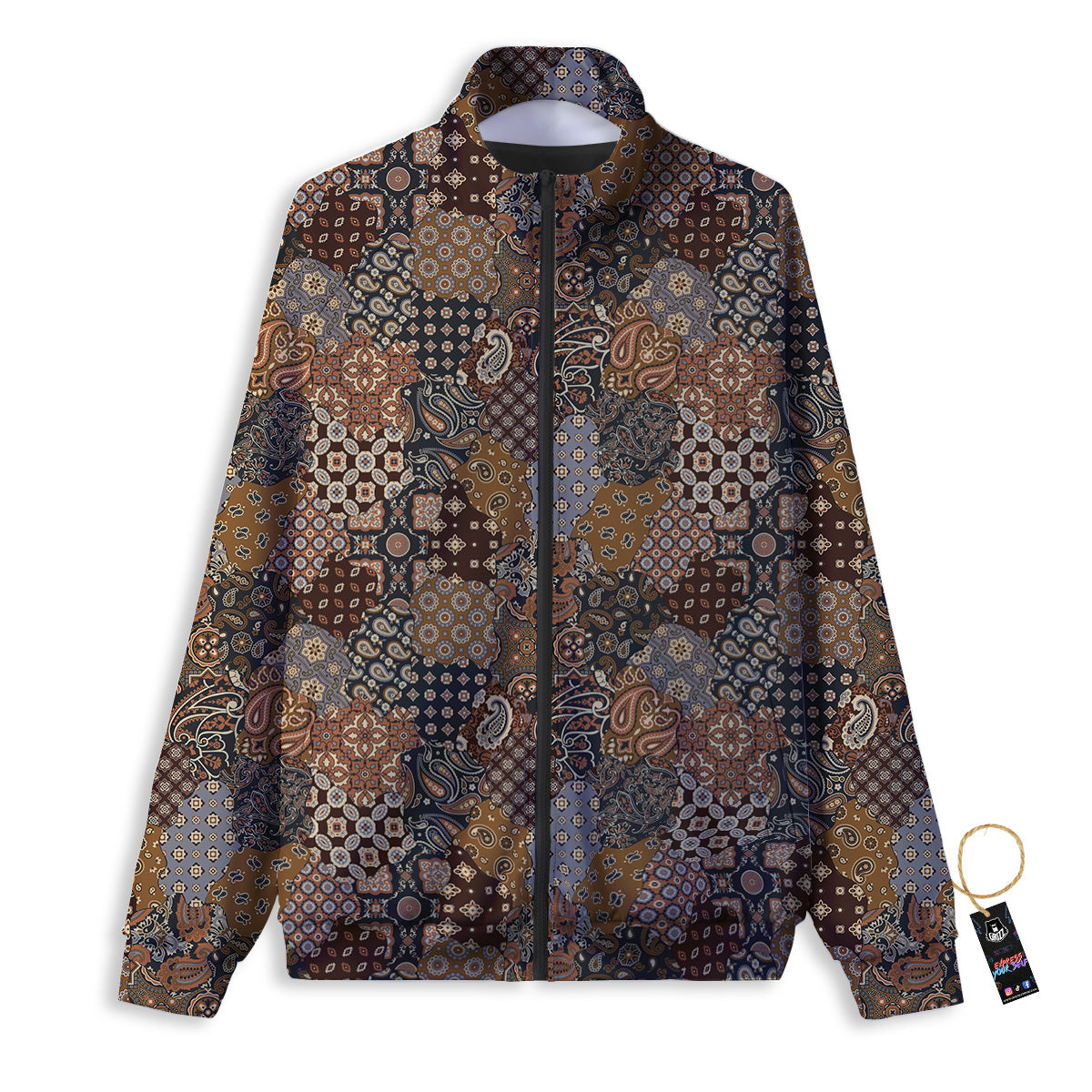 Brown Patchwork Paisley Print Pattern Track Jacket-grizzshop