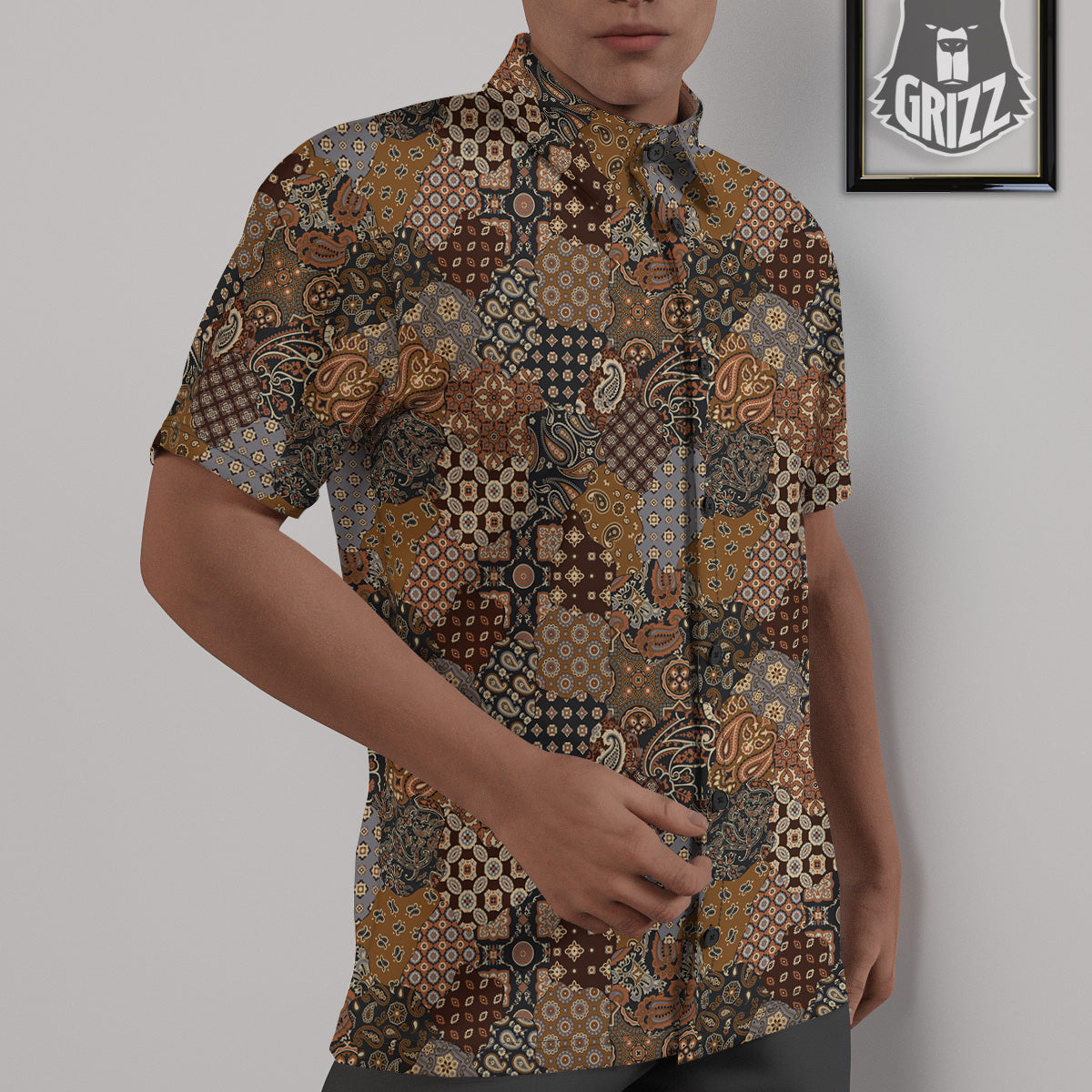 Brown Patchwork Paisley Print Pattern Untucked Shirts-grizzshop