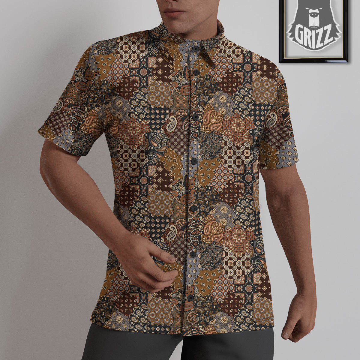 Brown Patchwork Paisley Print Pattern Untucked Shirts-grizzshop