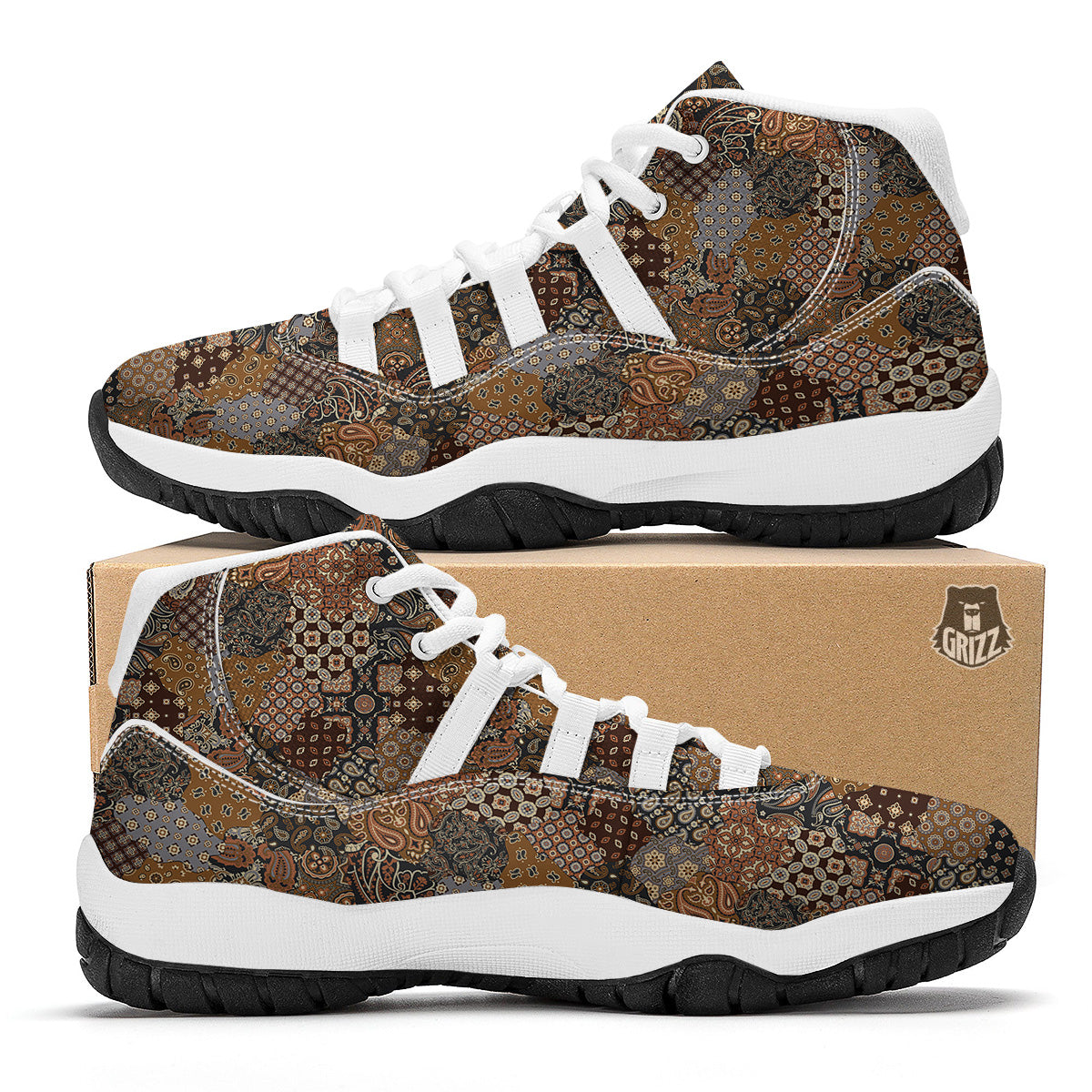 Brown Patchwork Paisley Print Pattern White Bball Shoes-grizzshop
