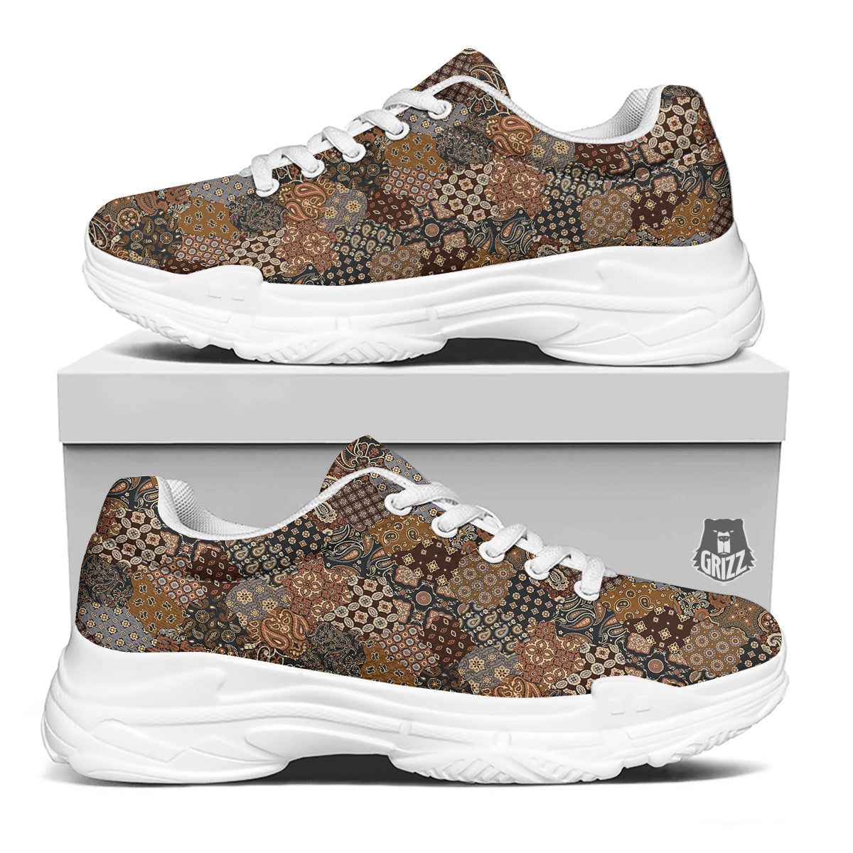 Brown Patchwork Paisley Print Pattern White Chunky Shoes-grizzshop