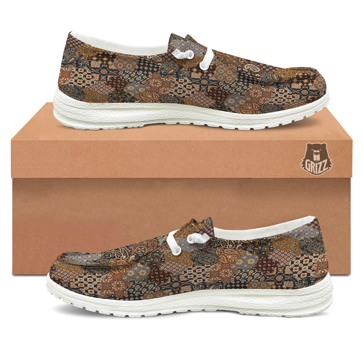 Brown Patchwork Paisley Print Pattern White Loafers-grizzshop