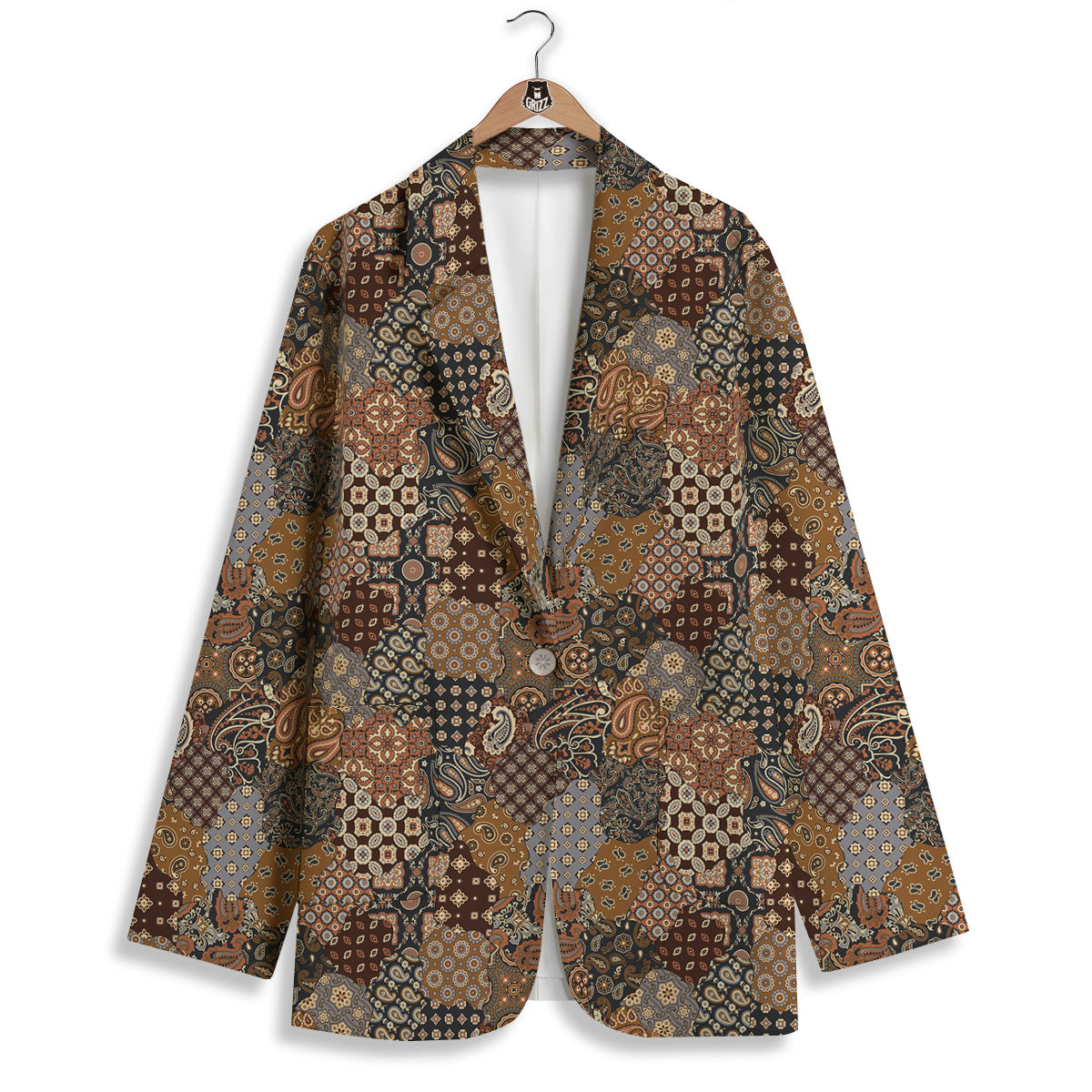 Brown Patchwork Paisley Print Pattern Women's Blazer-grizzshop