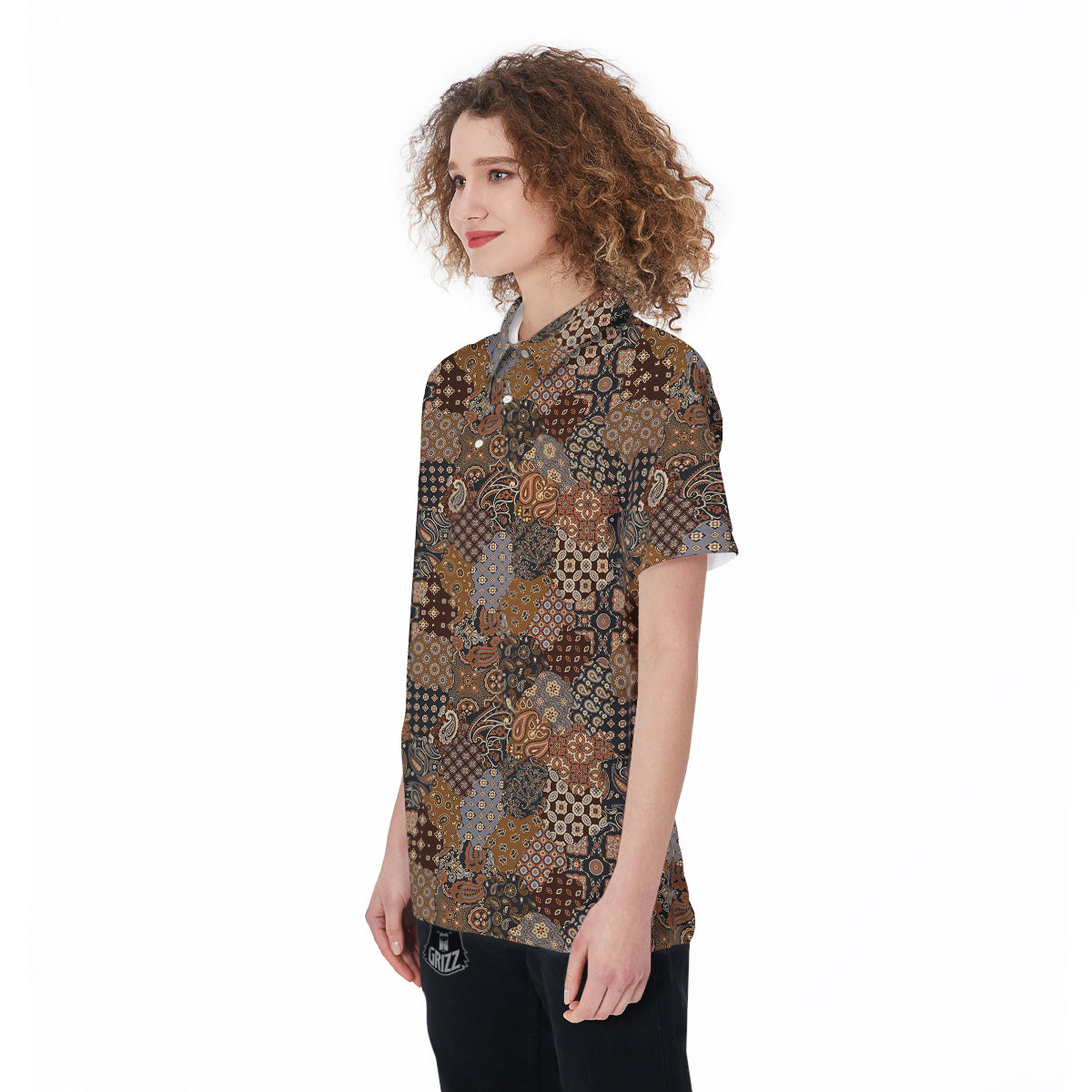 Brown Patchwork Paisley Print Pattern Women's Golf Shirts-grizzshop