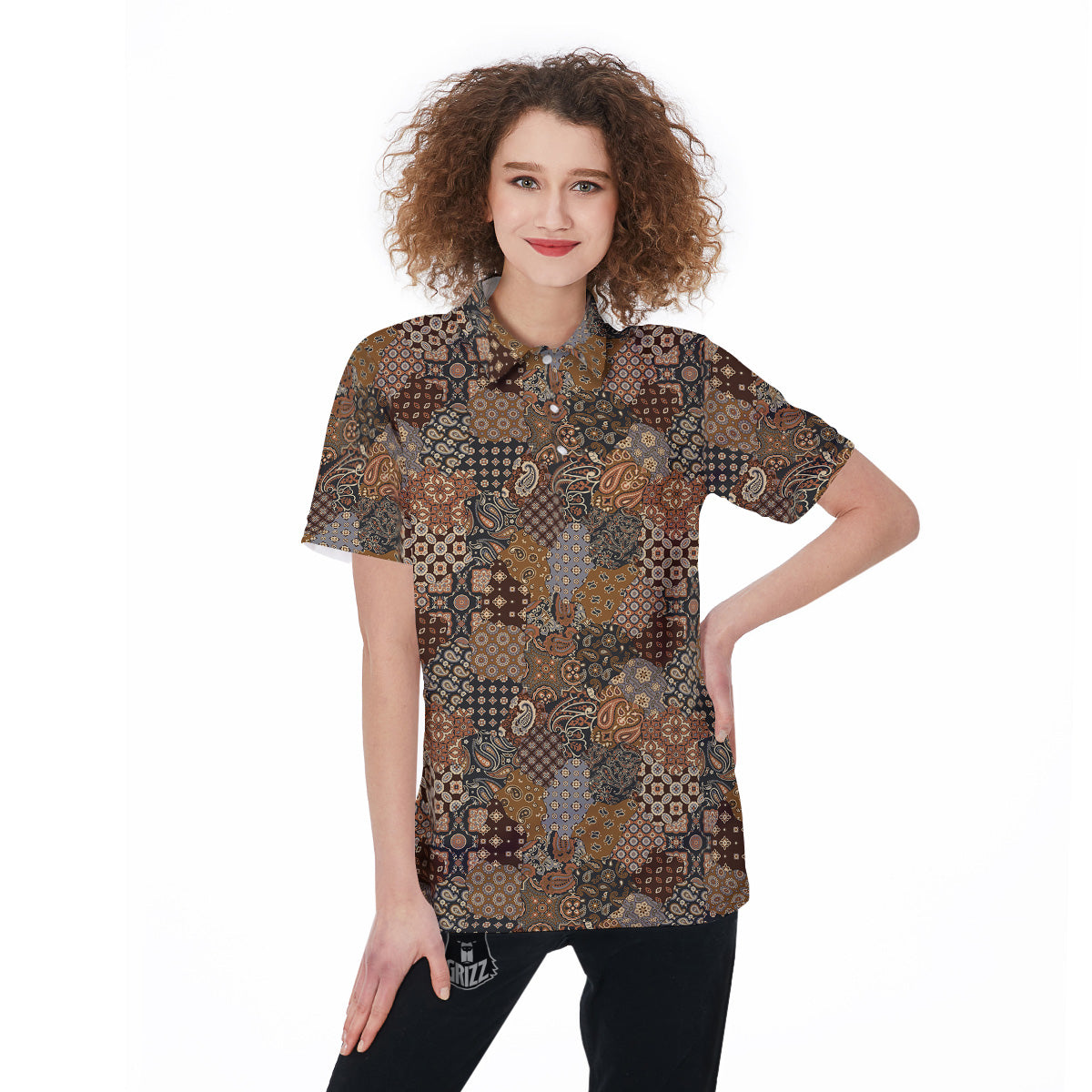 Brown Patchwork Paisley Print Pattern Women's Golf Shirts-grizzshop