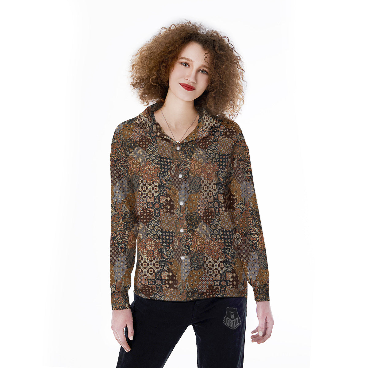 Brown Patchwork Paisley Print Pattern Women's Long Sleeve Shirts-grizzshop