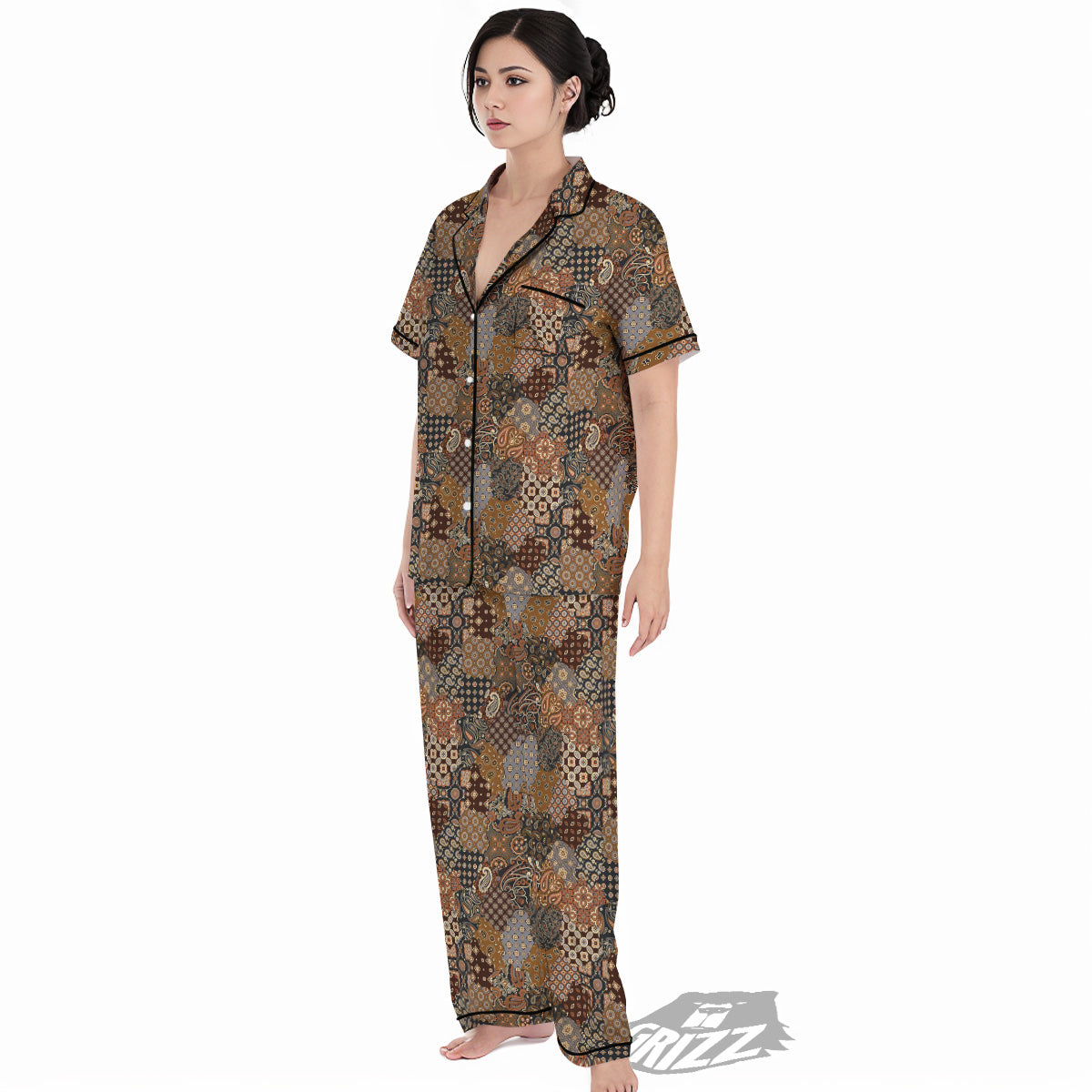 Brown Patchwork Paisley Print Pattern Women's Pajamas Set-grizzshop
