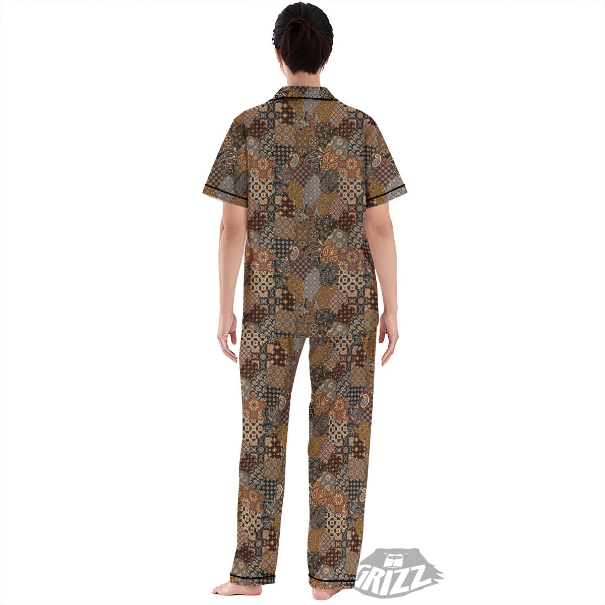 Brown Patchwork Paisley Print Pattern Women's Pajamas Set-grizzshop