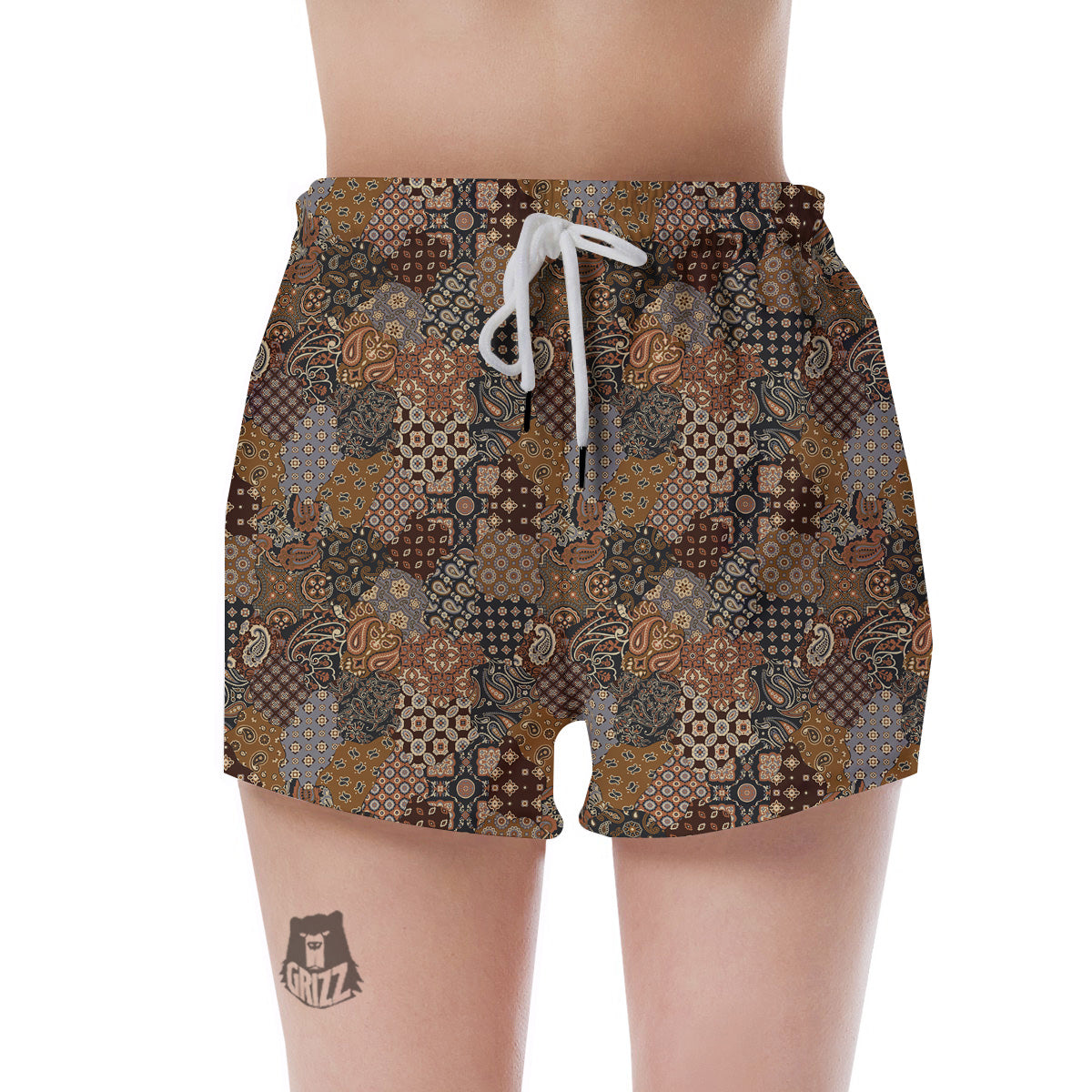 Brown Patchwork Paisley Print Pattern Women's Shorts-grizzshop