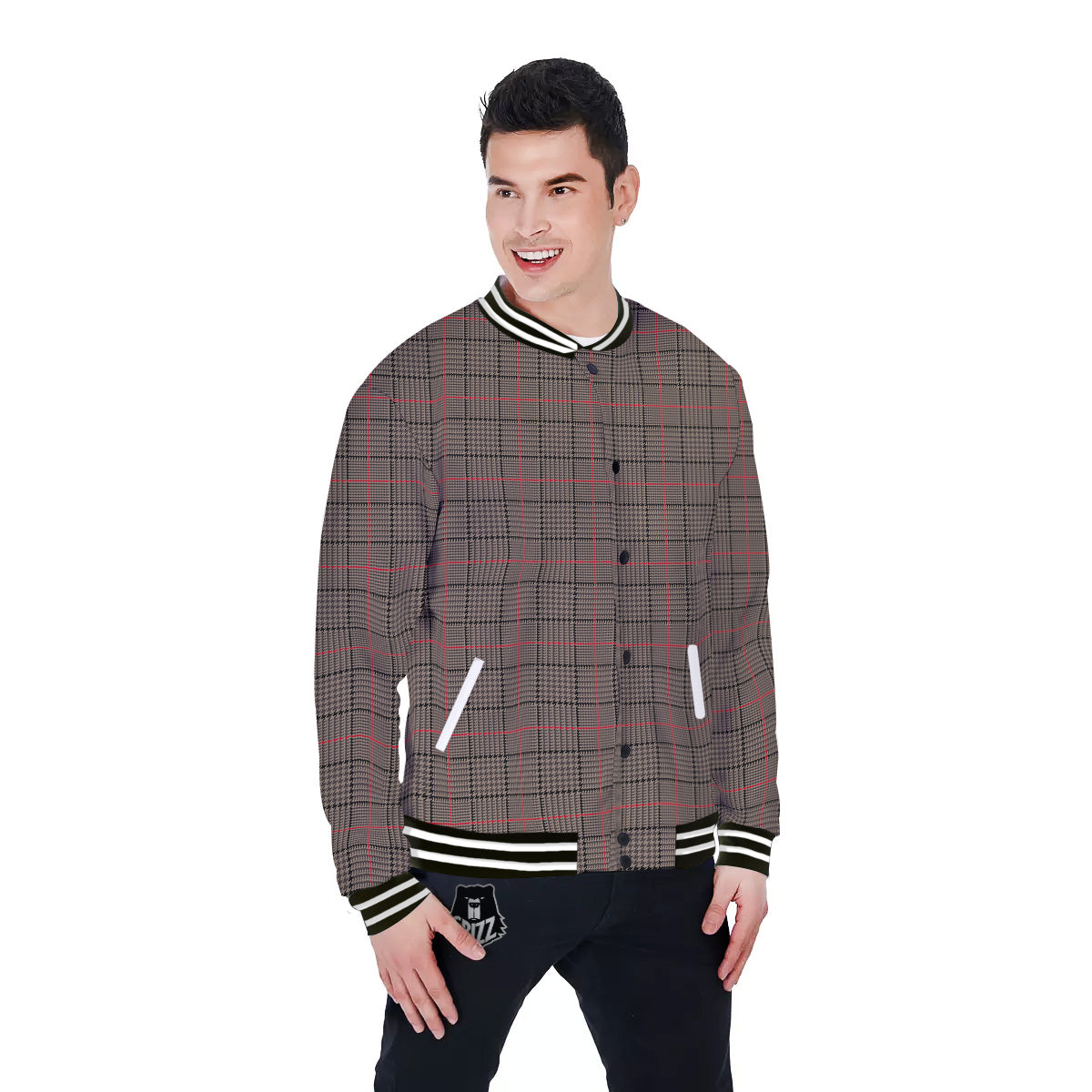 Brown Prince OF Wales Check Print Baseball Jacket-grizzshop