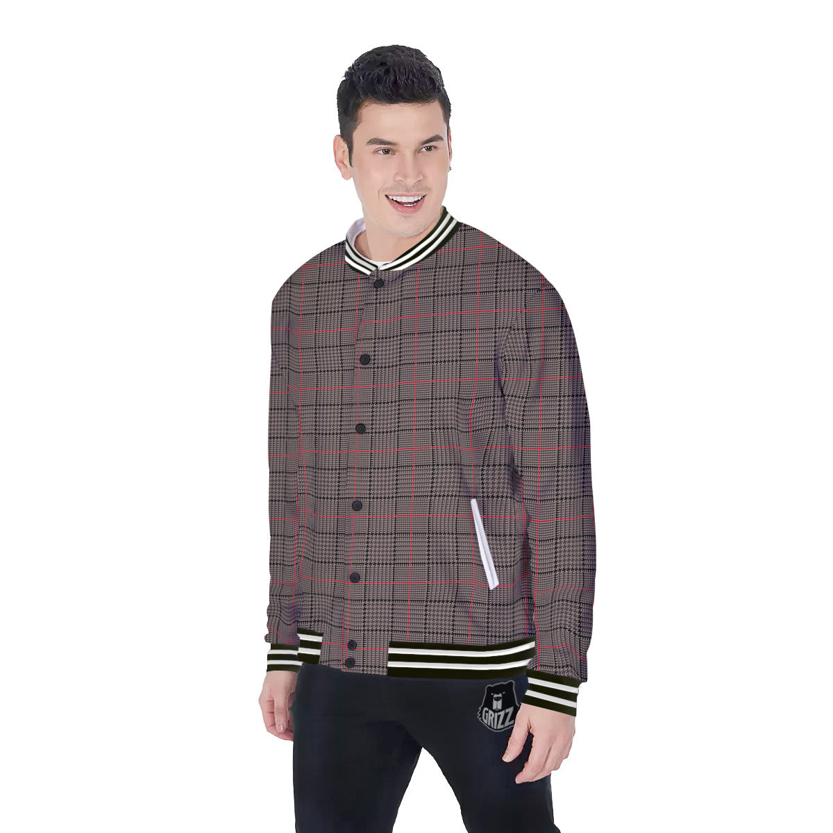 Brown Prince OF Wales Check Print Baseball Jacket-grizzshop