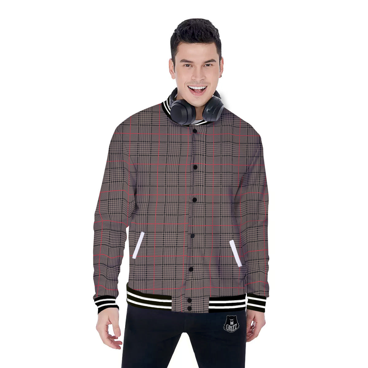 Brown Prince OF Wales Check Print Baseball Jacket-grizzshop