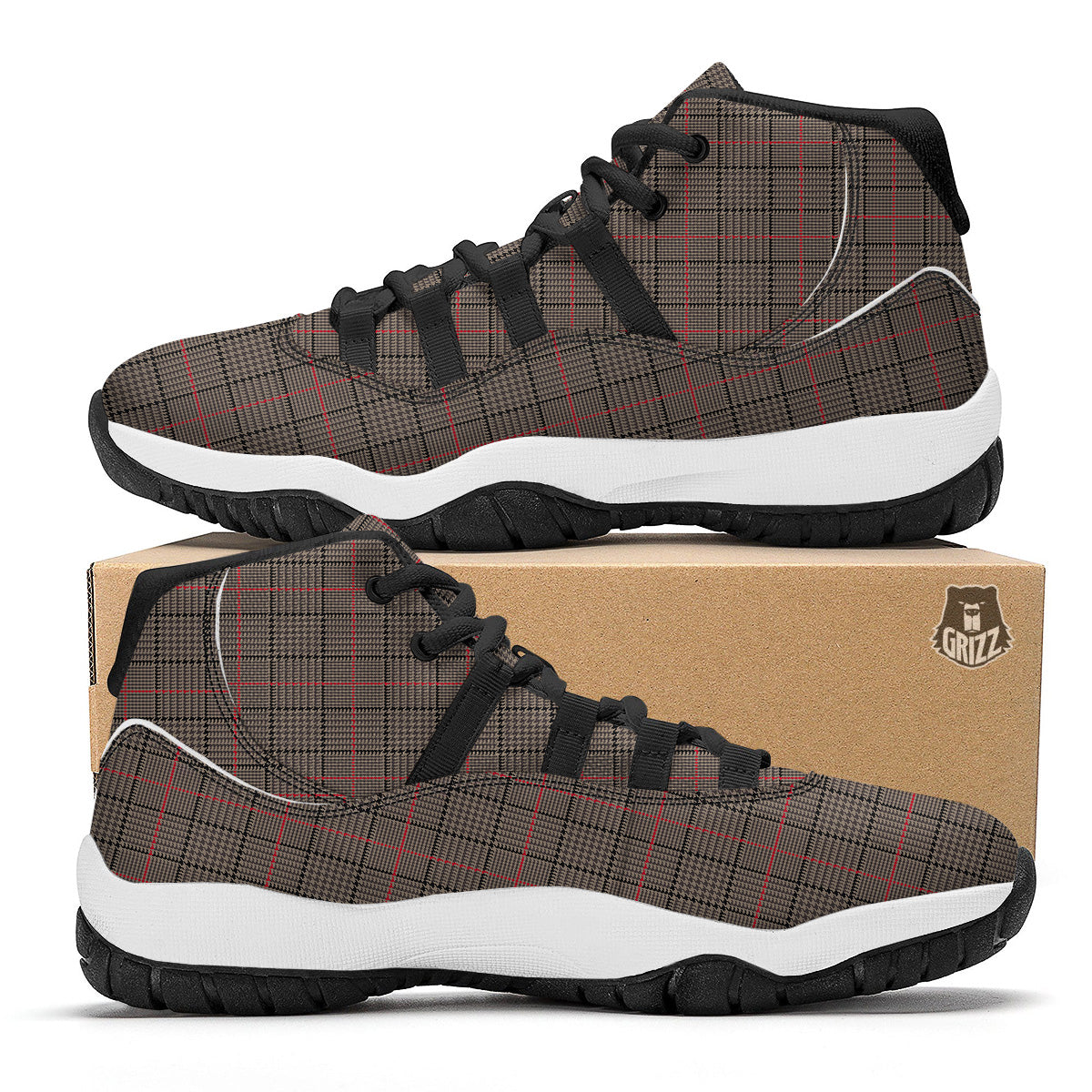 Brown Prince OF Wales Check Print Black Bball Shoes-grizzshop