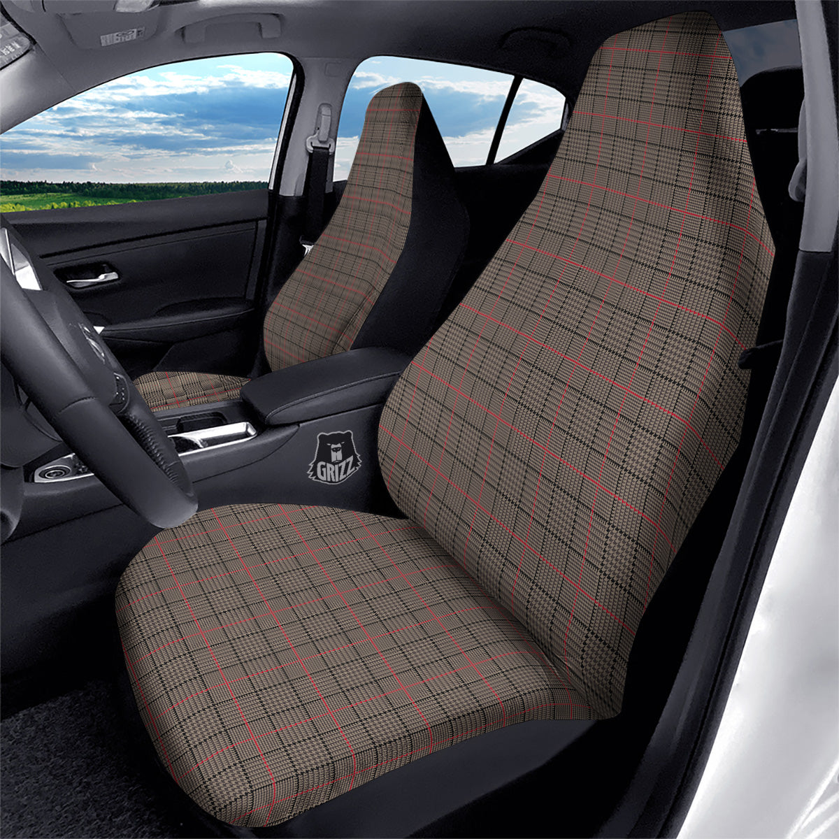 Brown Prince OF Wales Check Print Car Seat Covers-grizzshop