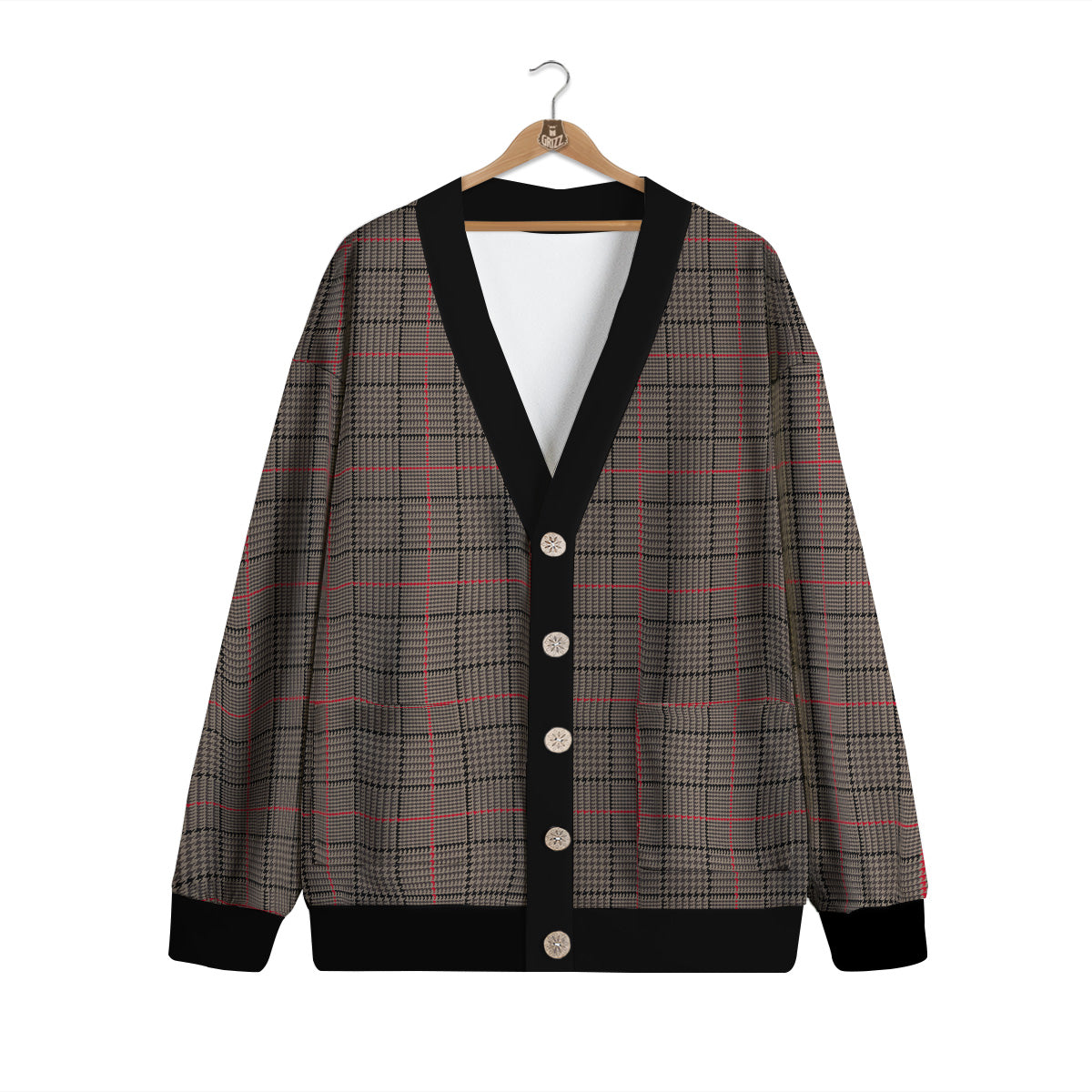 Brown Prince OF Wales Check Print Cardigan-grizzshop