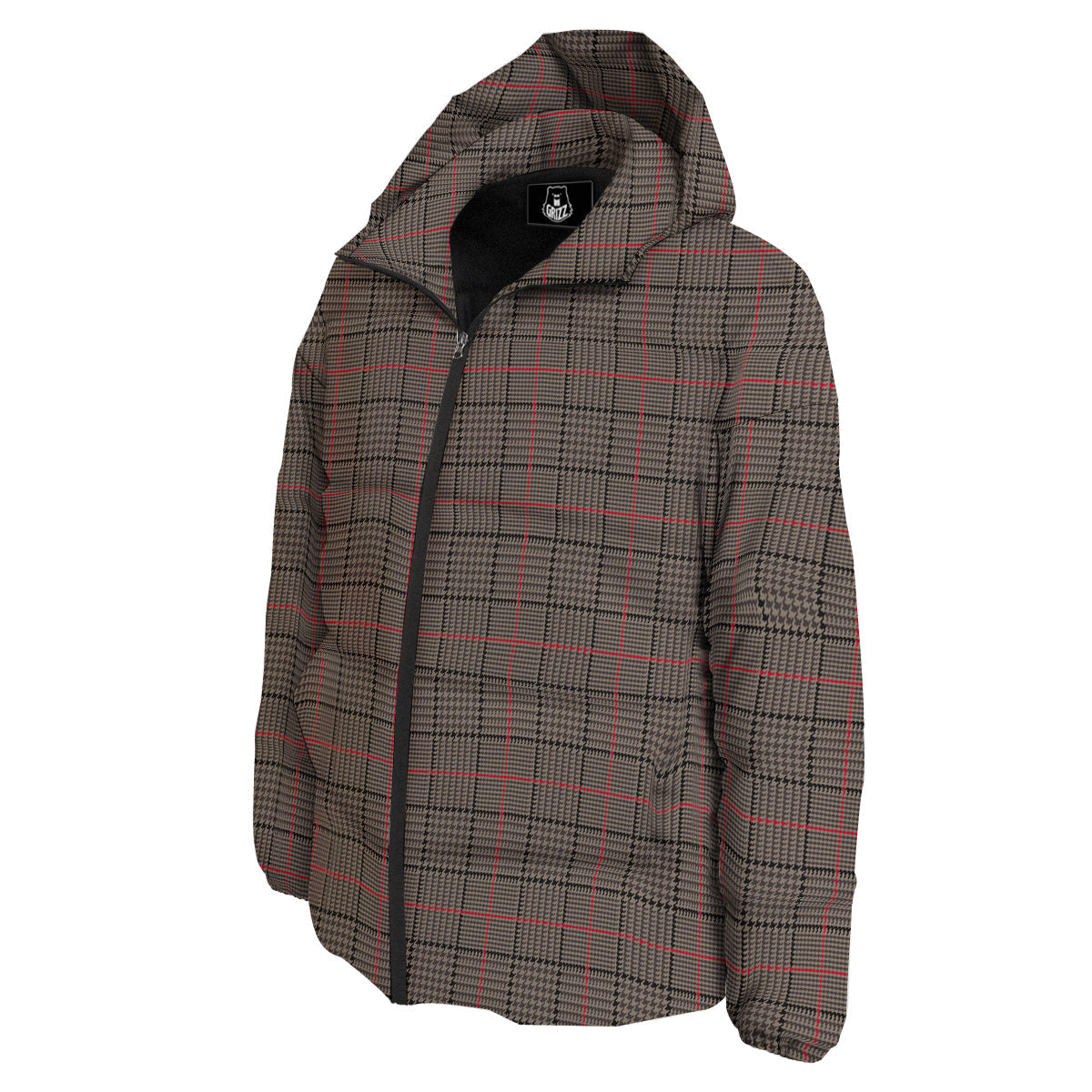 Brown Prince OF Wales Check Print Down Jacket-grizzshop