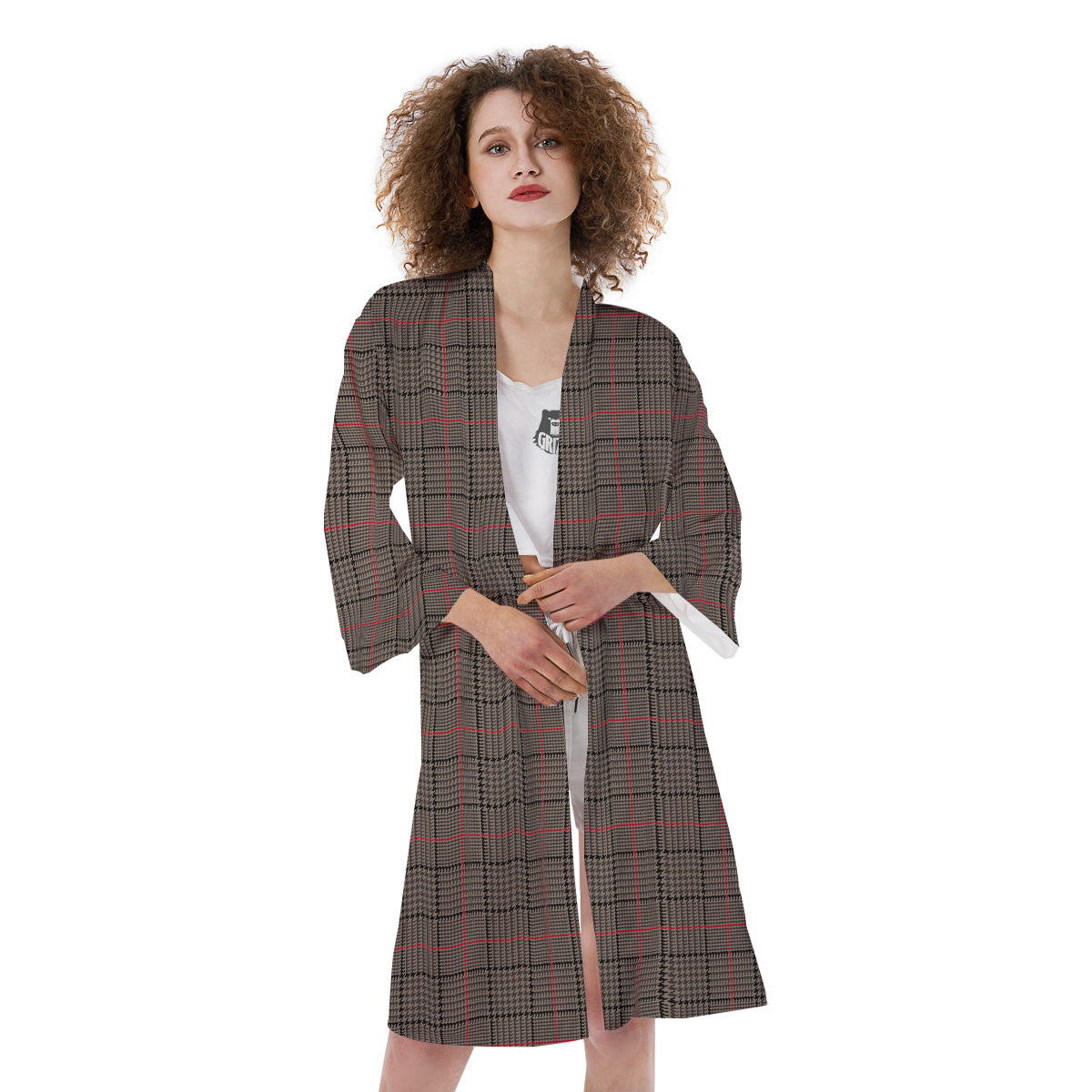 Brown Prince OF Wales Check Print Kimono-grizzshop