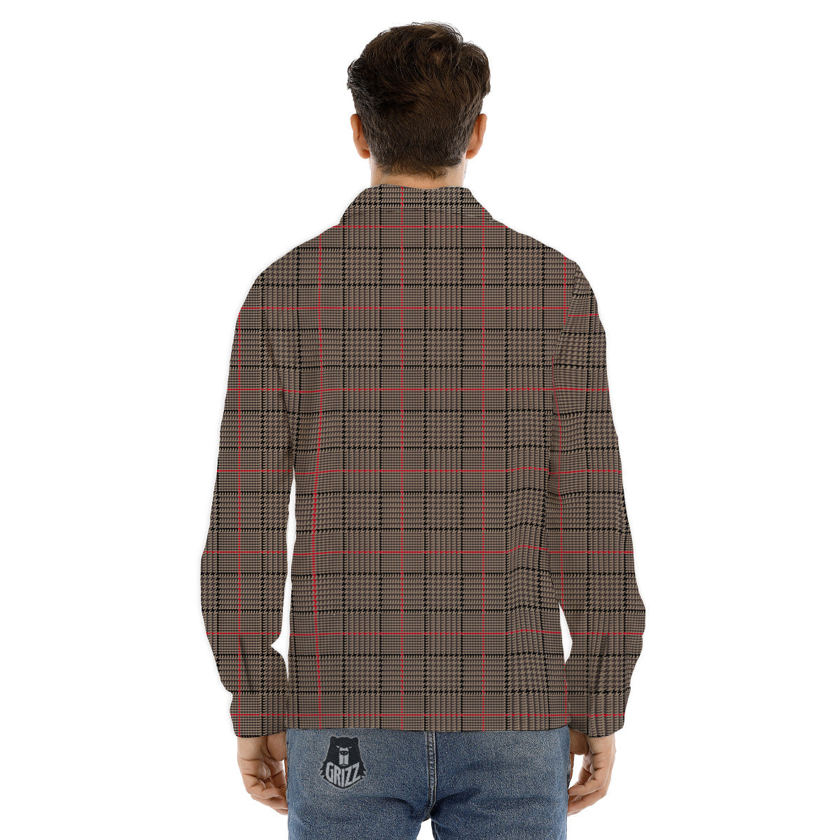 Brown Prince OF Wales Check Print Men's Dress Shirts-grizzshop