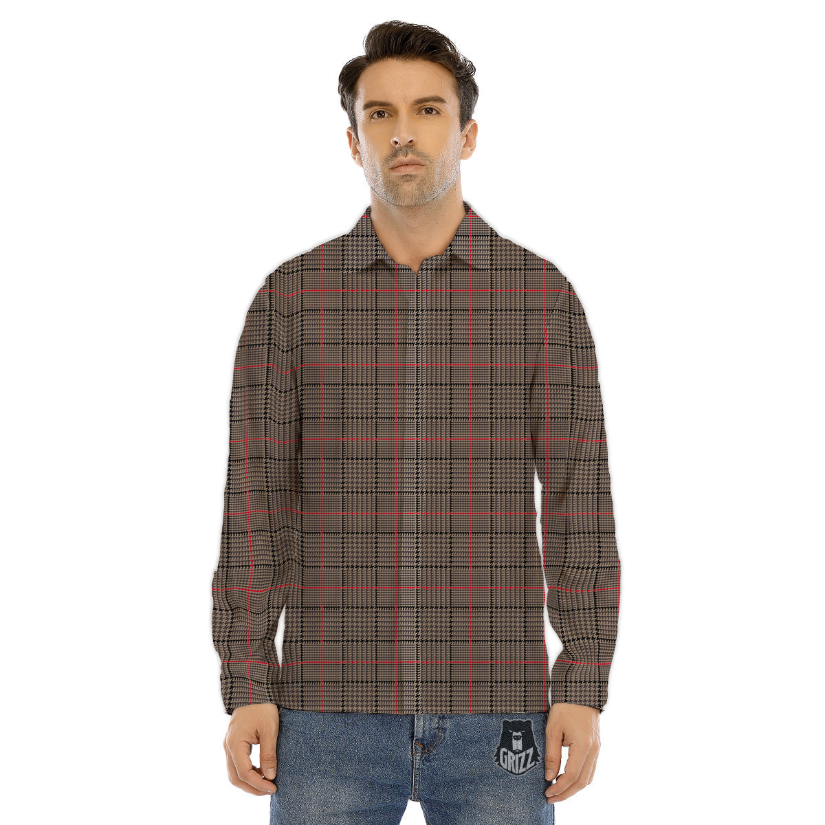 Brown Prince OF Wales Check Print Men's Dress Shirts-grizzshop